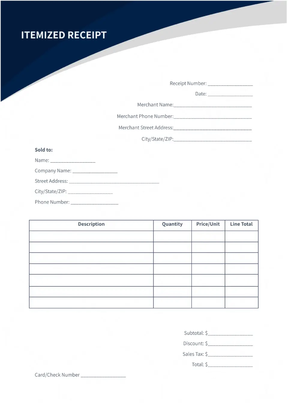 Blank Itemized Printable Receipts