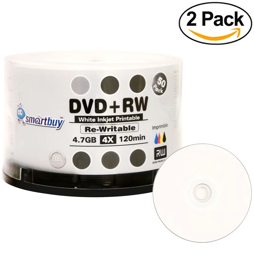 100 Pack Smartbuy Blank DVD RW 4x 4 7GB 120Min White Inkjet Hub 