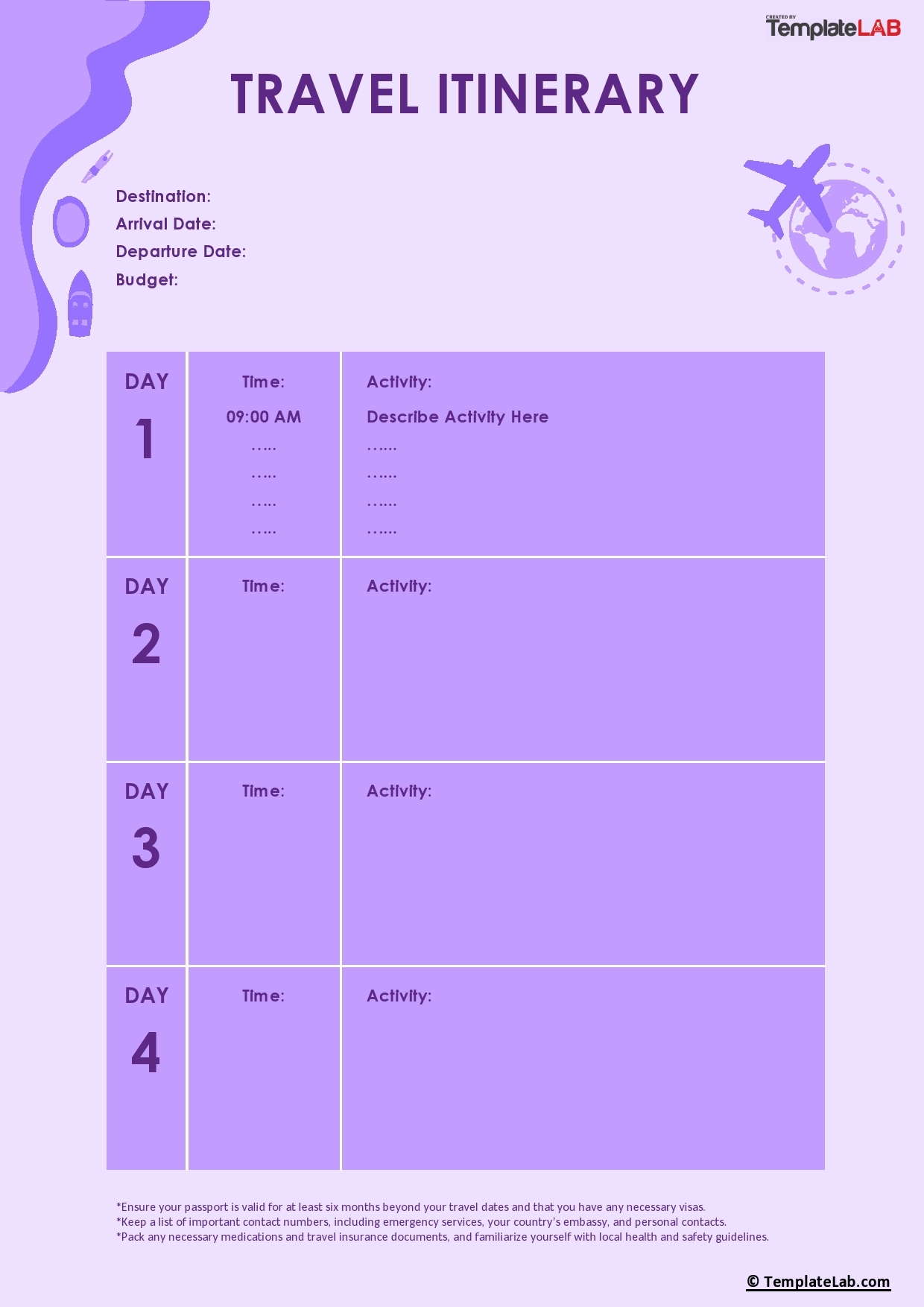 Printable Blank Travel Itinerary Template