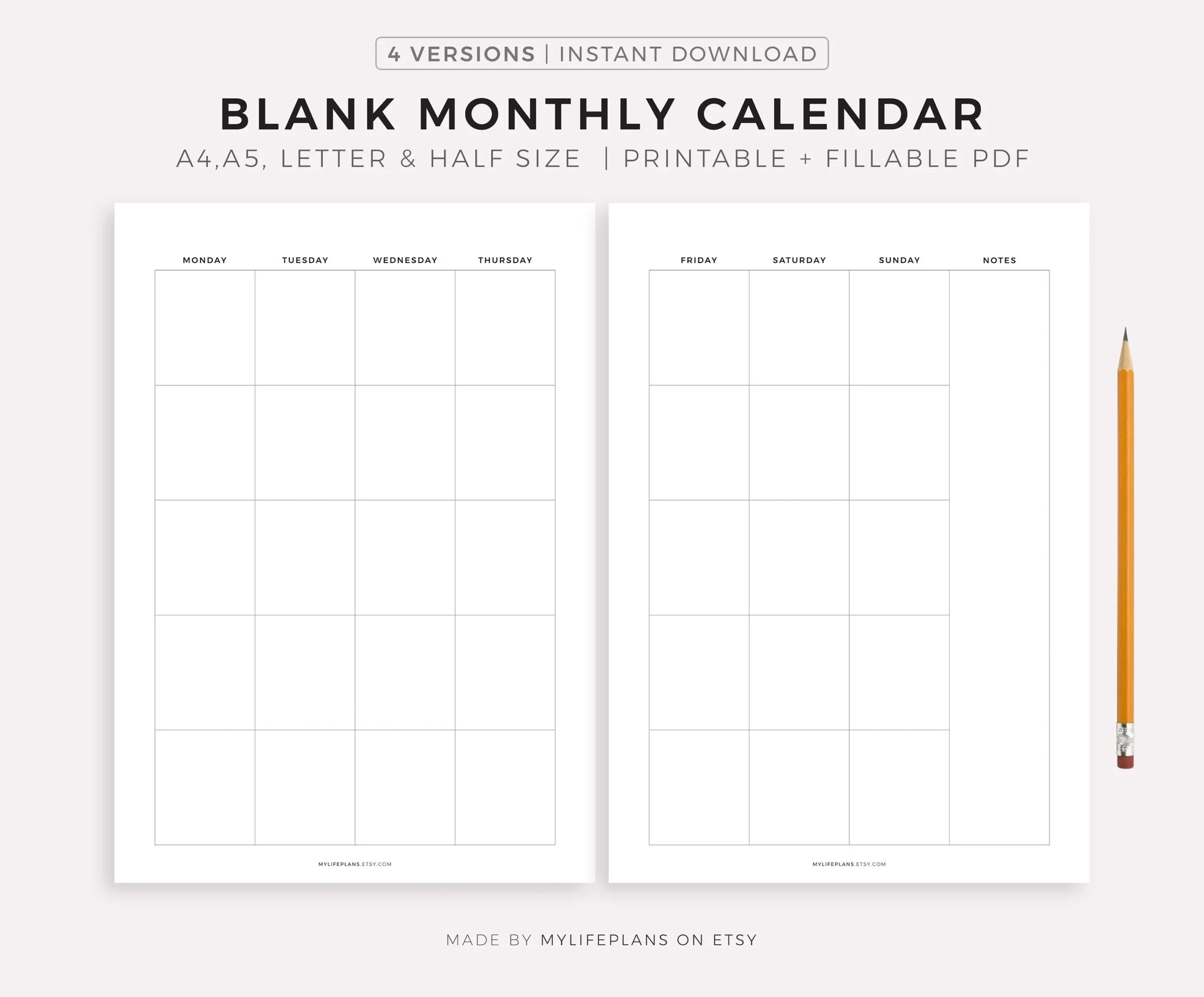2 Page Blank Monthly Calendar Printable amp Fillable Minimalist 