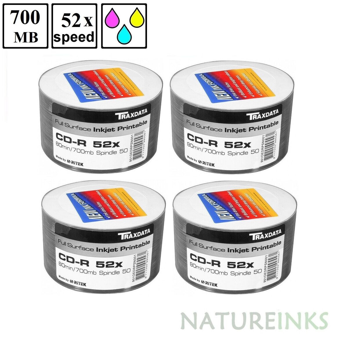 200 Traxdata FF Inkjet Printable White CD R 52x Discs Ritek Blank CD 700MB 80min
