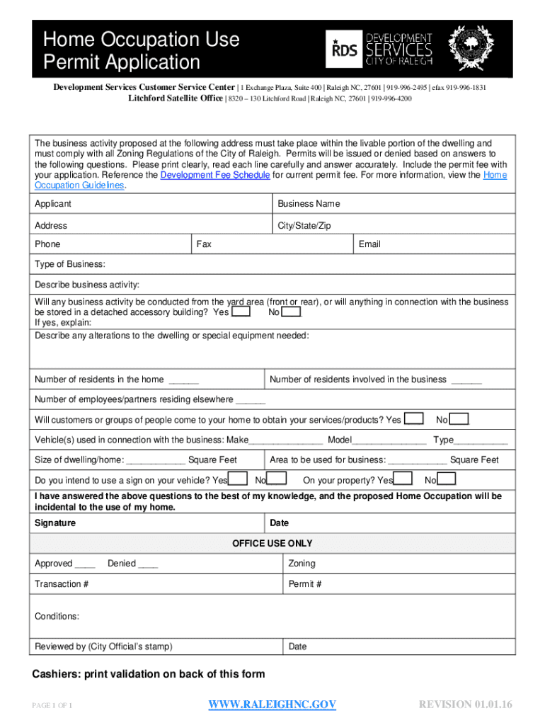 2016 2025 Form NC Home Occupation Use Permit Application Raleigh 