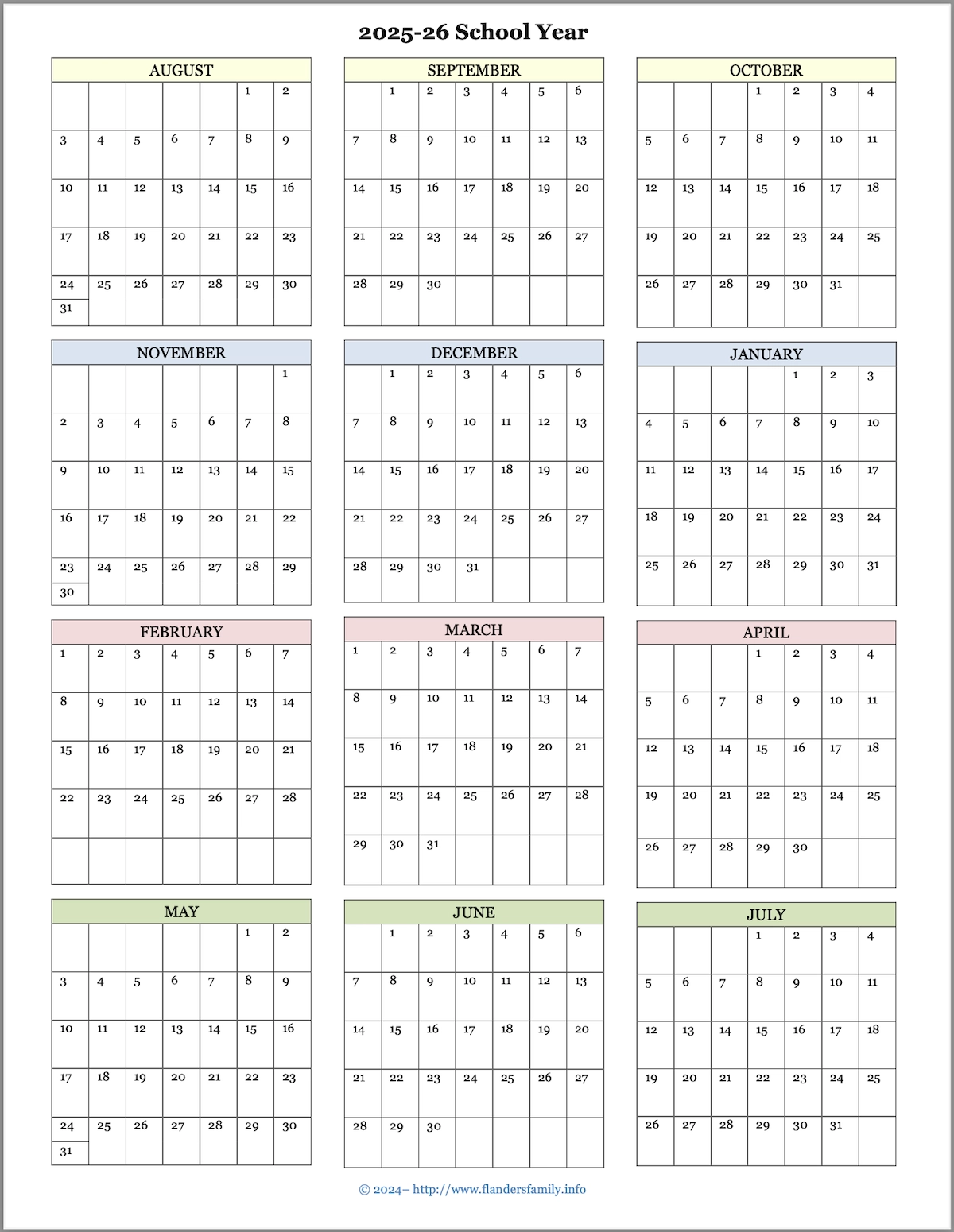 Blank Printable Annual Academic Calendar