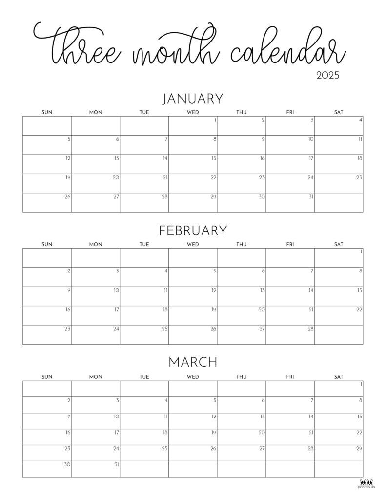 Printable Blank Quarterly Calendar