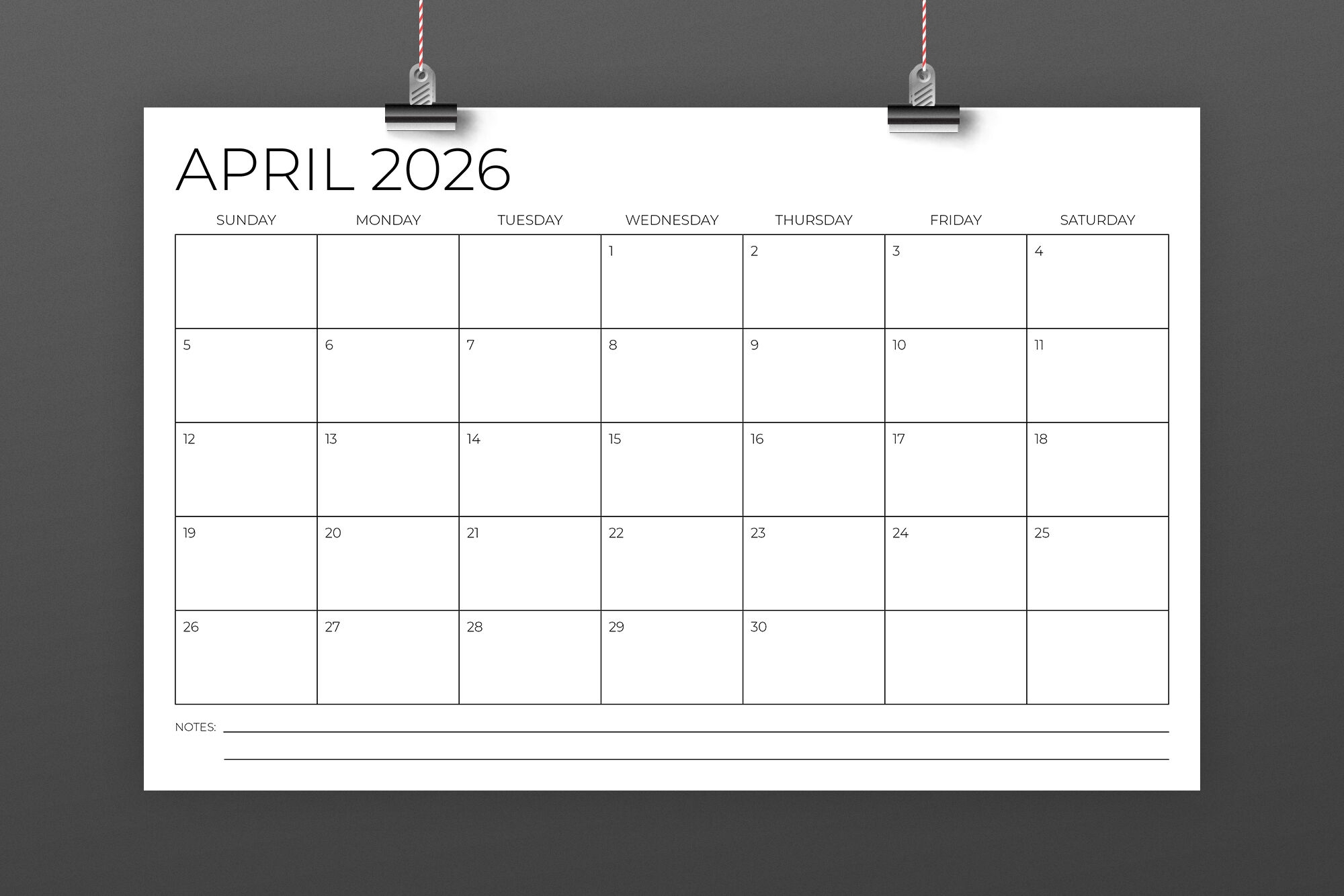 2026 Blank Monthly Overview Printable