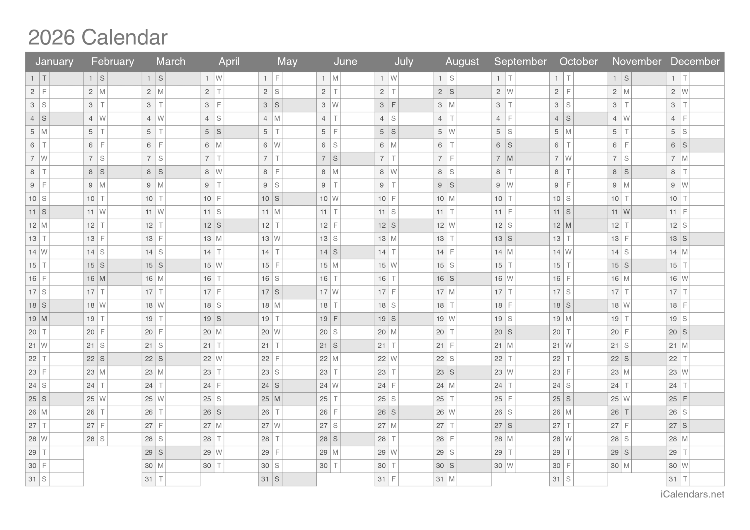 Blank 2026 Calendar Printable Program