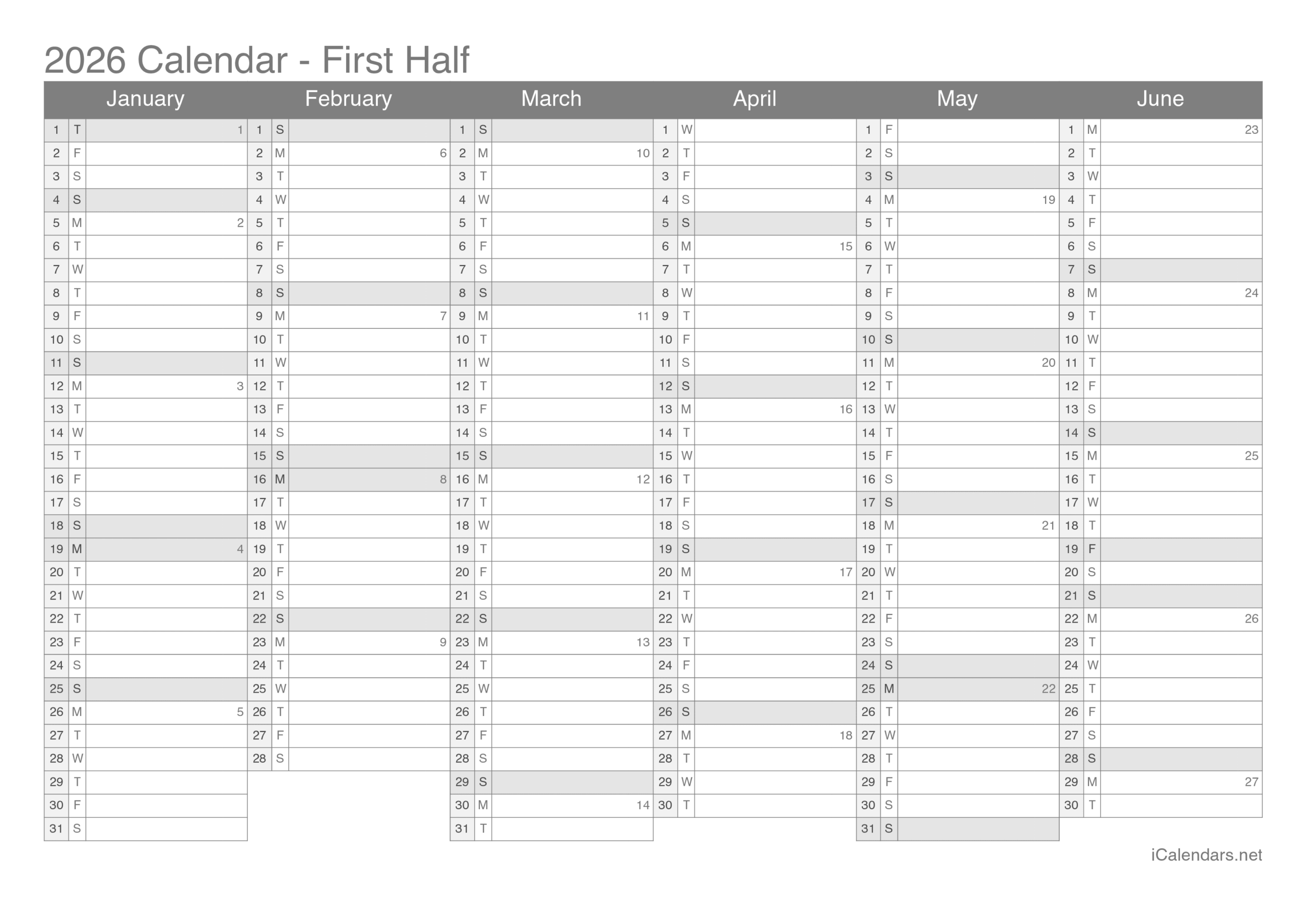 Printable Blank 2026 Year Calendar