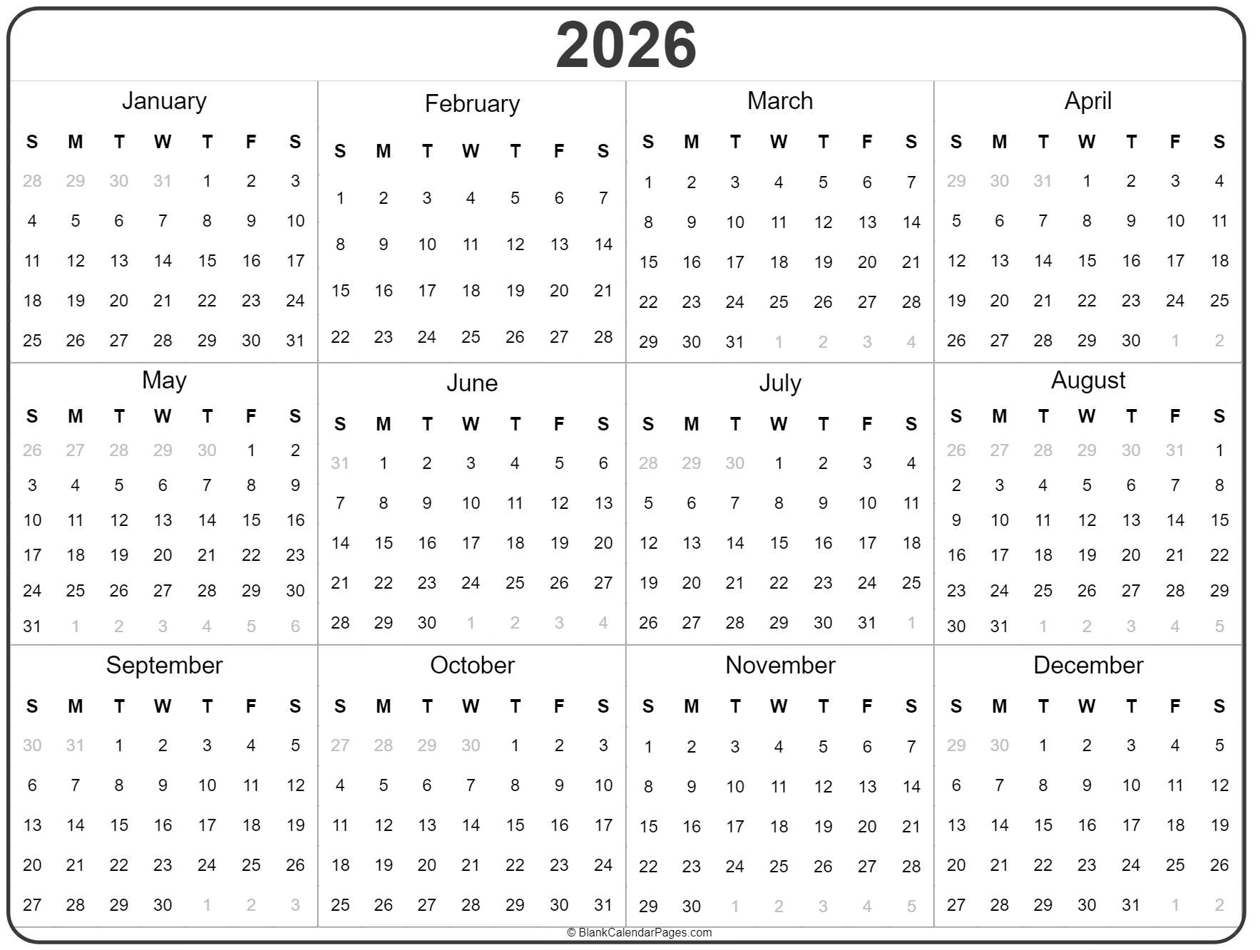 Blank Printable Calendar Template 2026