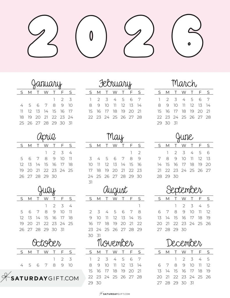 Blank Annual 2026 Printable Calendar