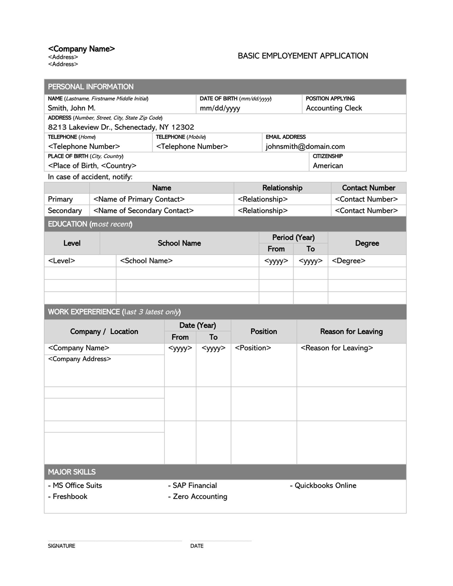 Printable Blank Job Application Form