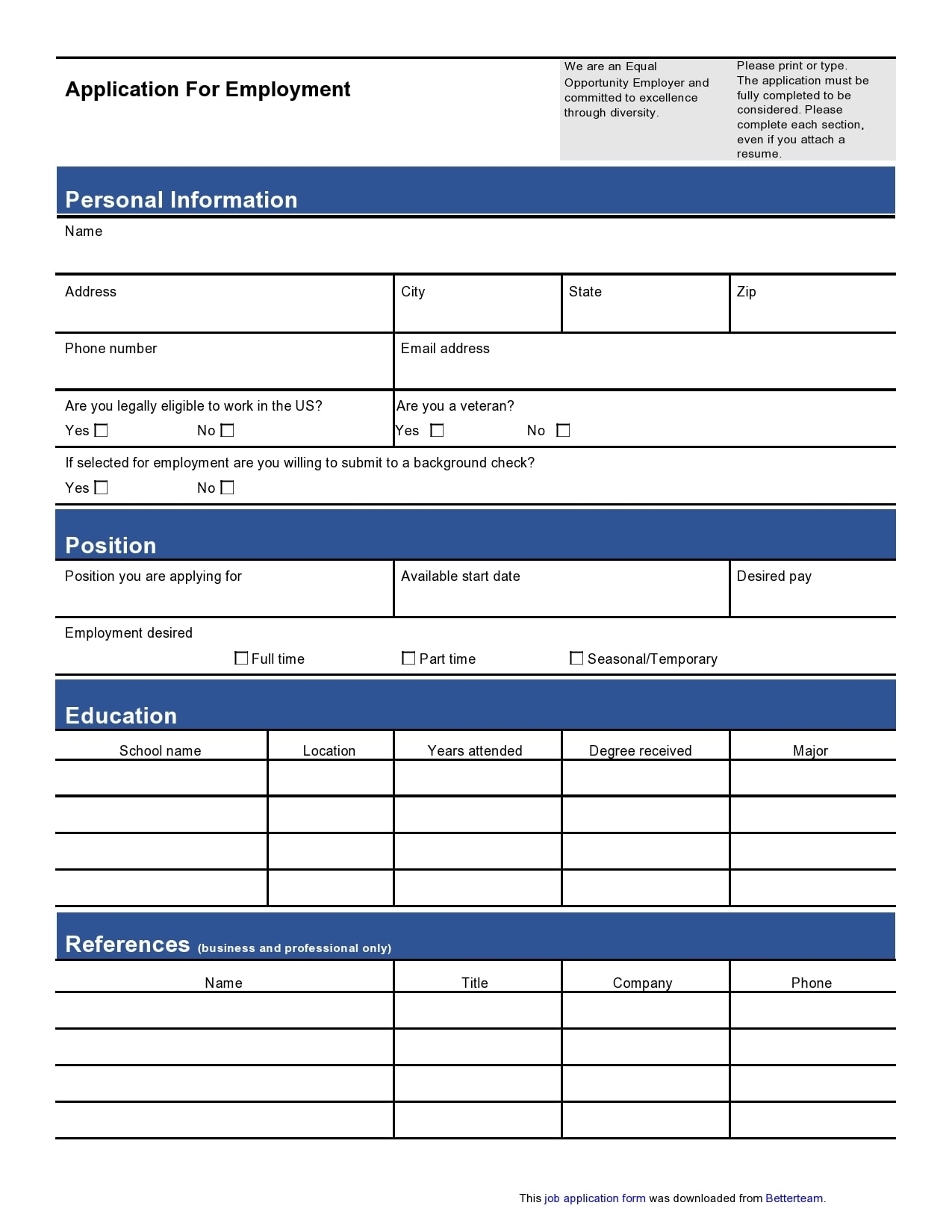 Printable Blank Application Template Free