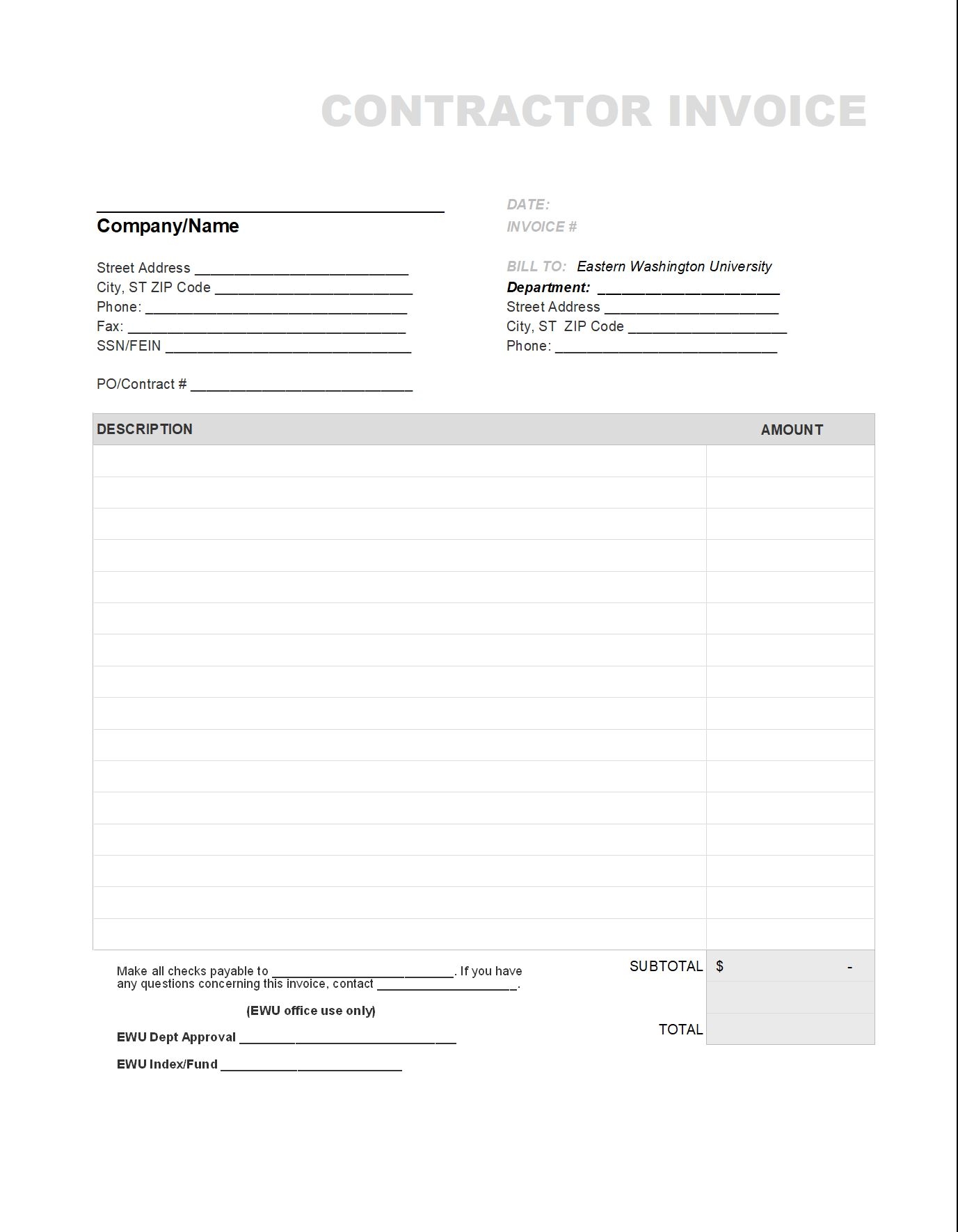 Free Printable Blank Contractor Invoice