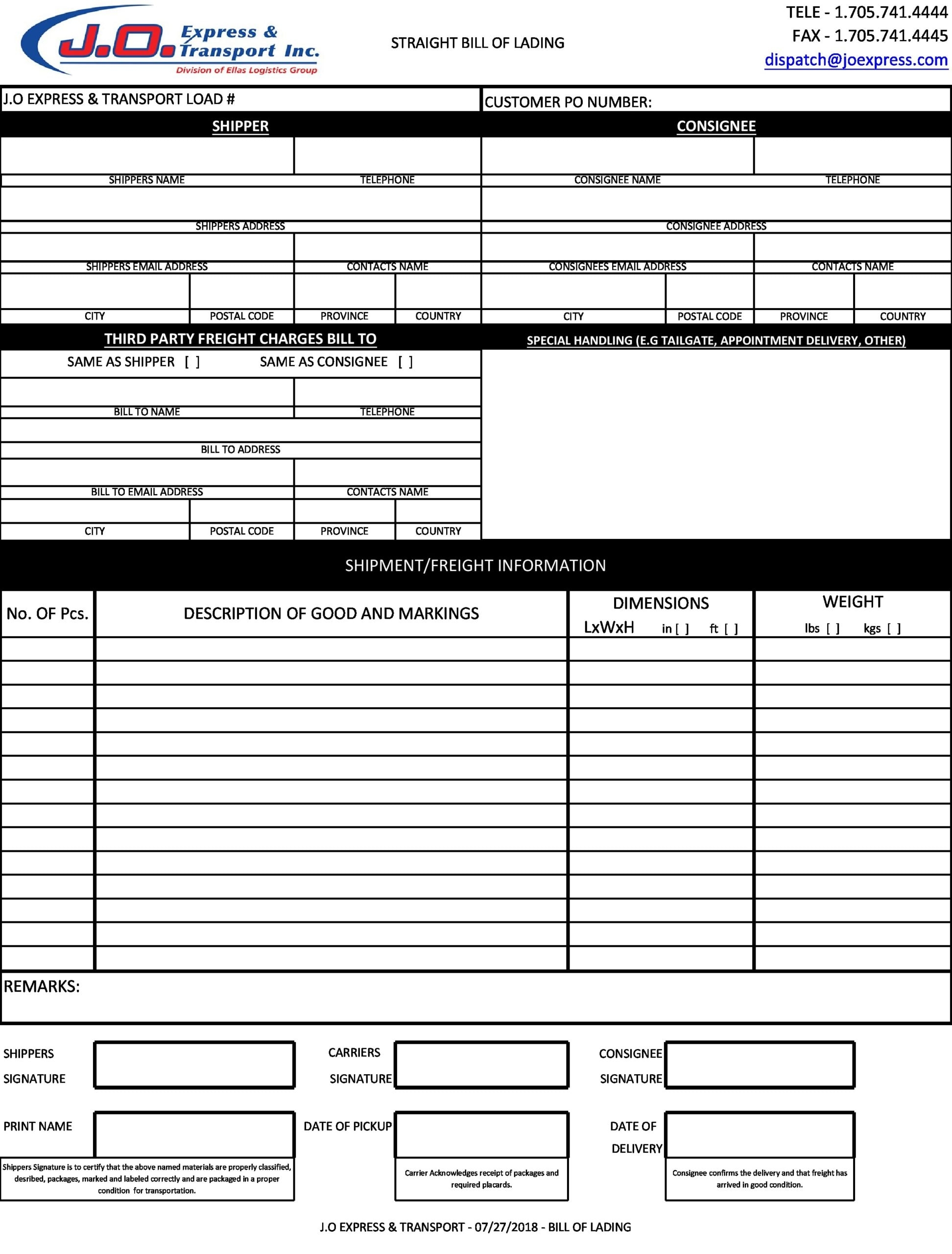 Blank Bill Of Lading Printable
