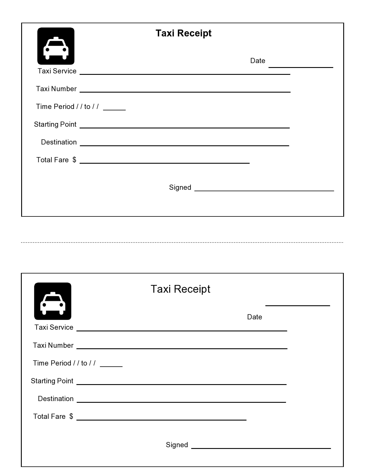 Blank Printable Yellow Cab Receipts