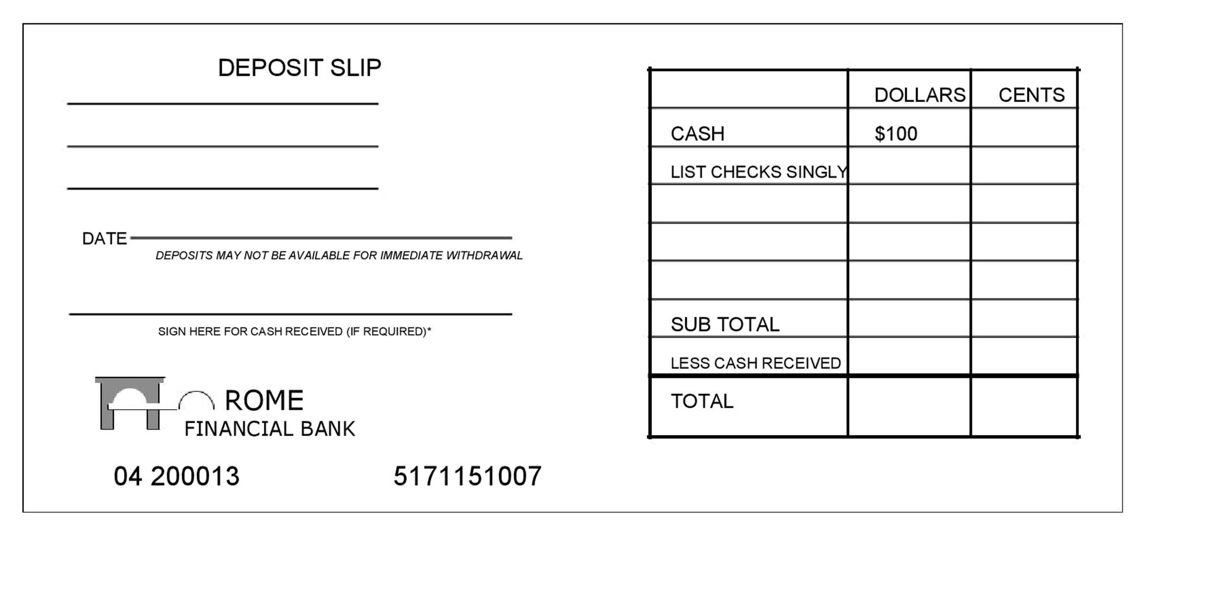 Printable Blank Deposit Slip Template