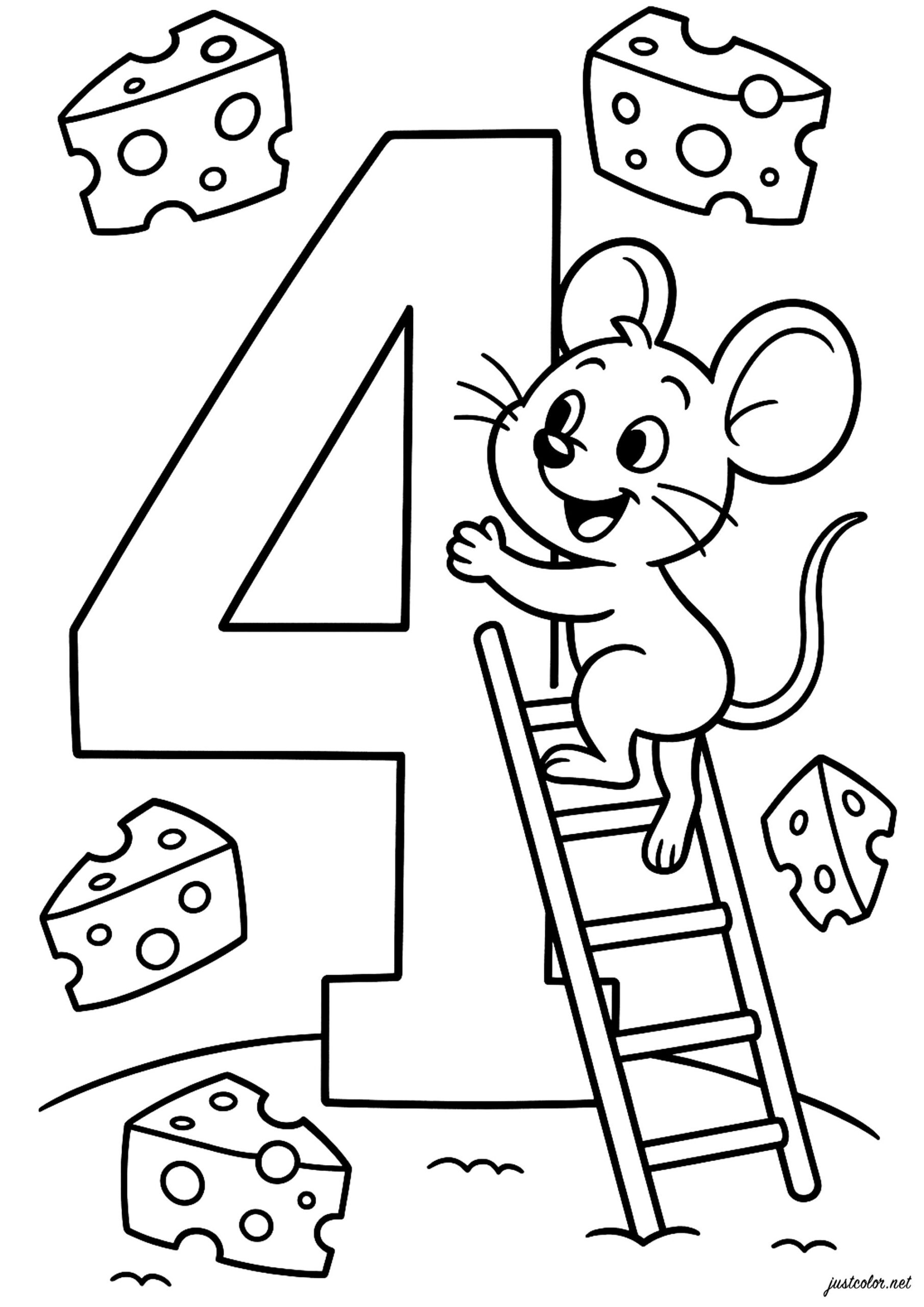 4 Happy Mouse And Floating Cheese Number Coloring Pages