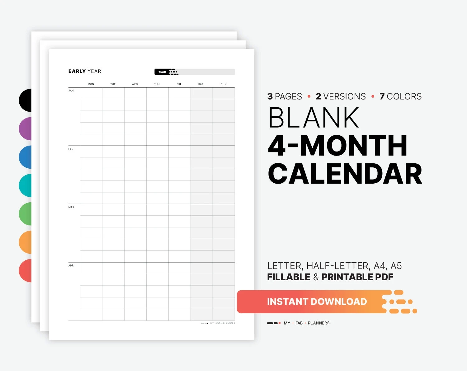 4 Month Printable Blank Calendar