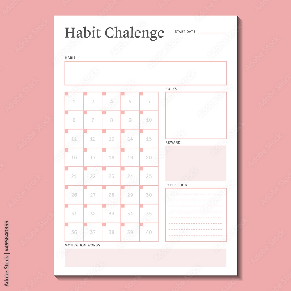 40 Day Habit Challenge Planner Daily Tracker Grid Template Vector 