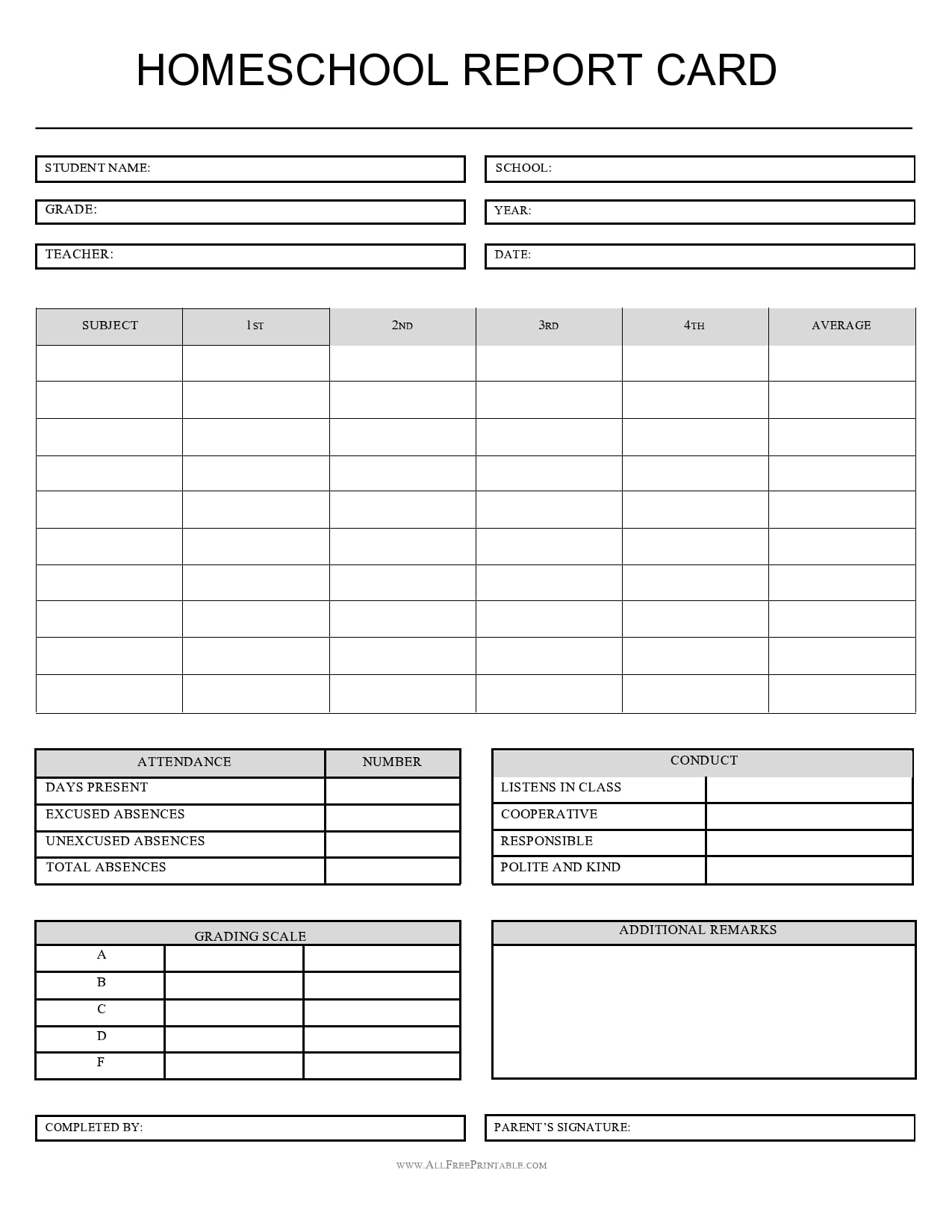 Free Printable Blank Report Cards