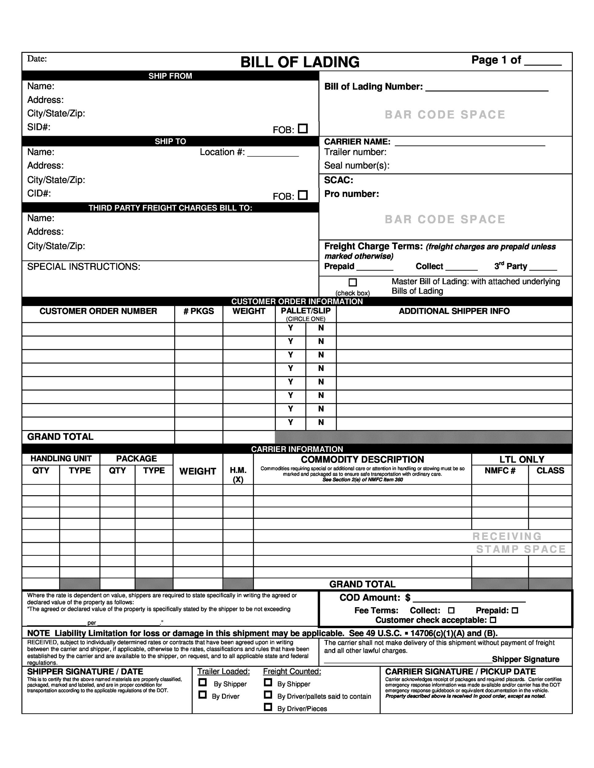 40 Free Bill Of Lading Forms amp Templates TemplateLab