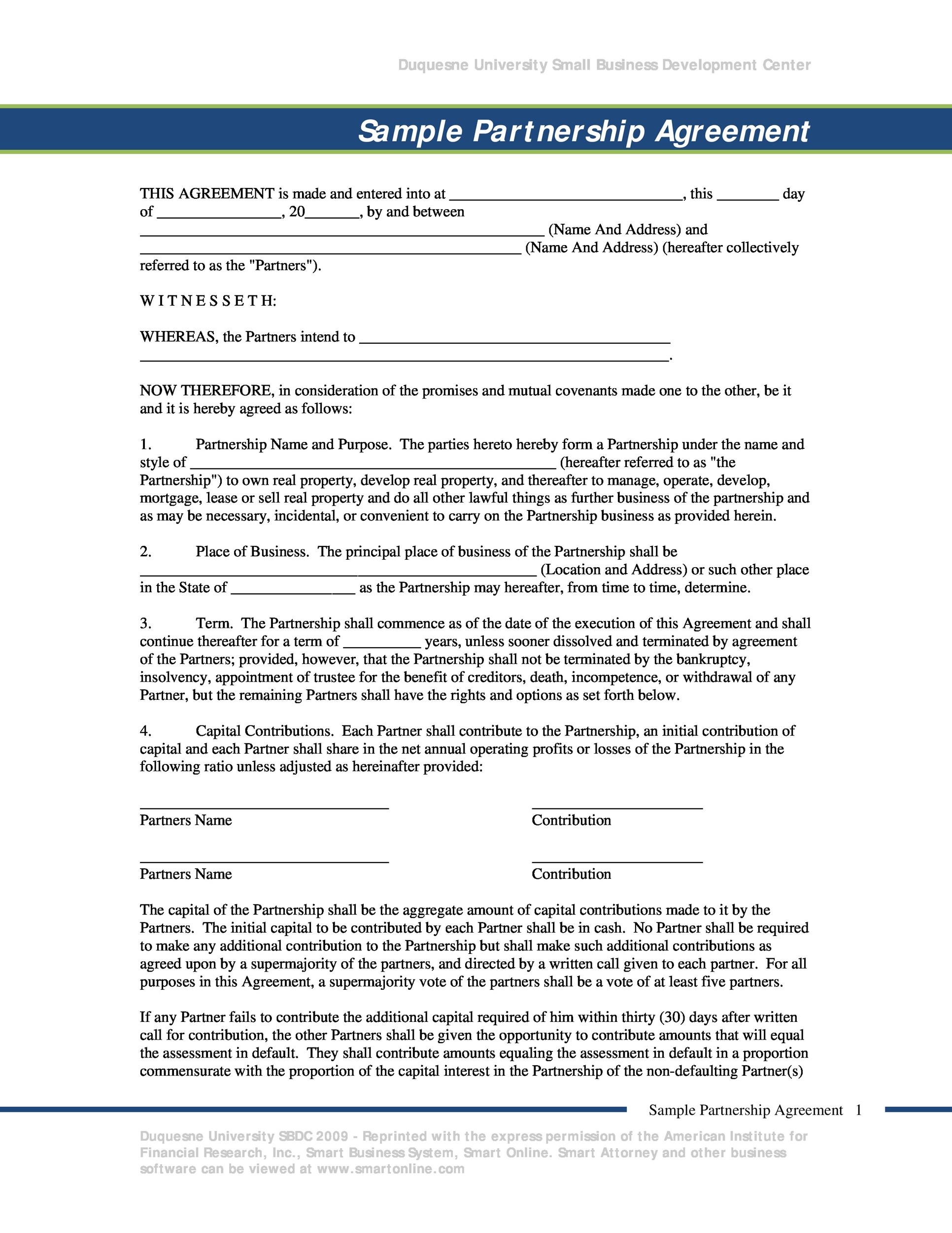 Partnership Agreement Blank Printable Free