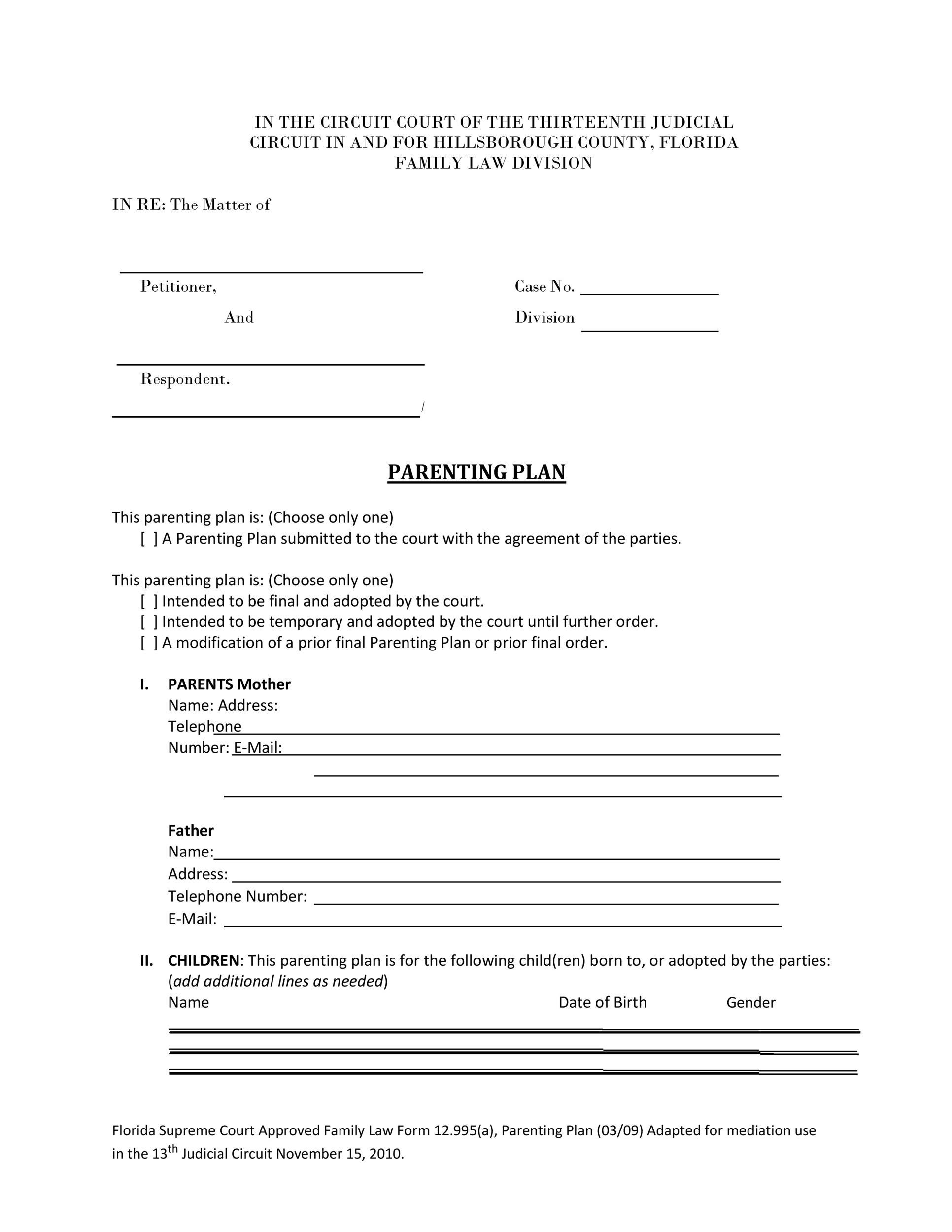 Free Printable Blank Parenting Plan