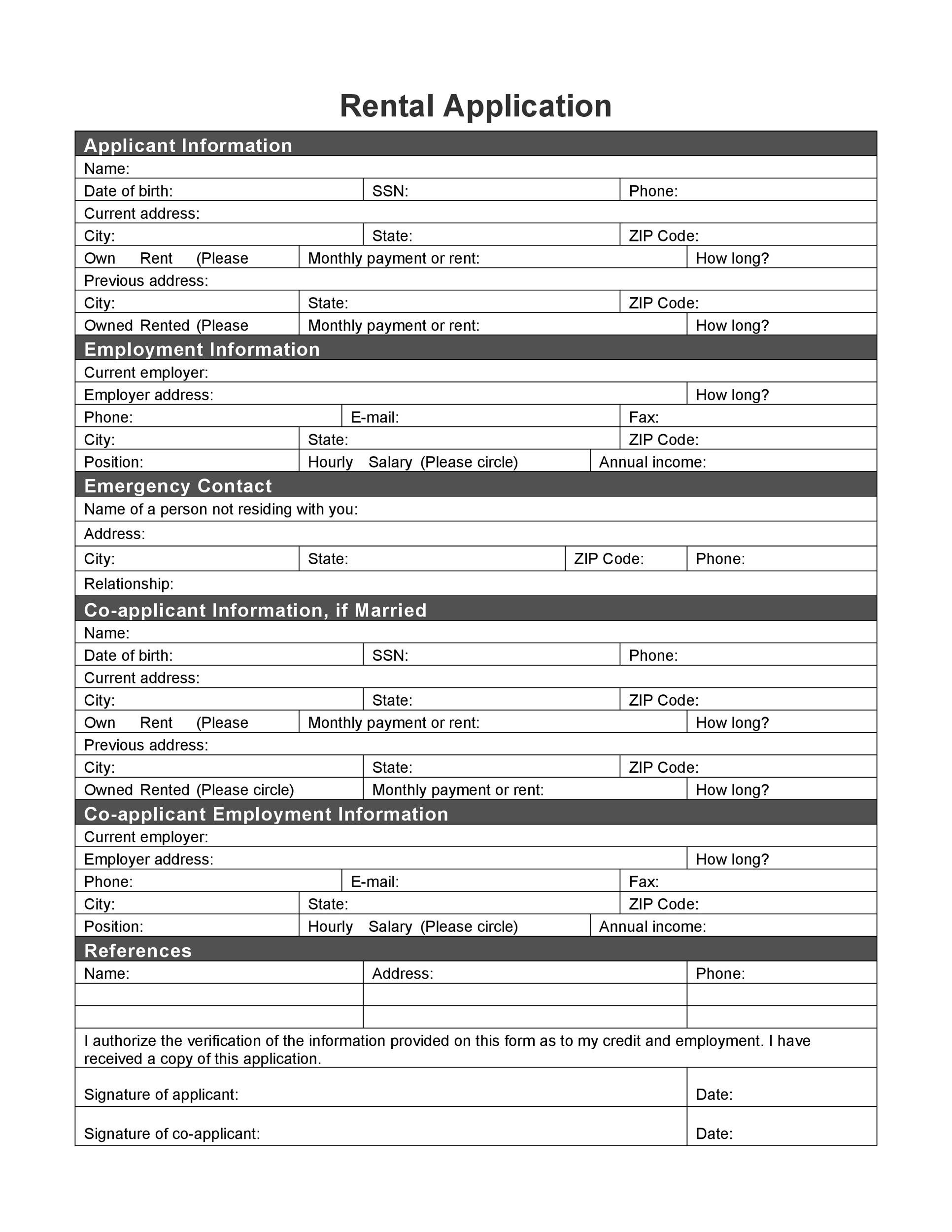 Blank Printable Rental Application