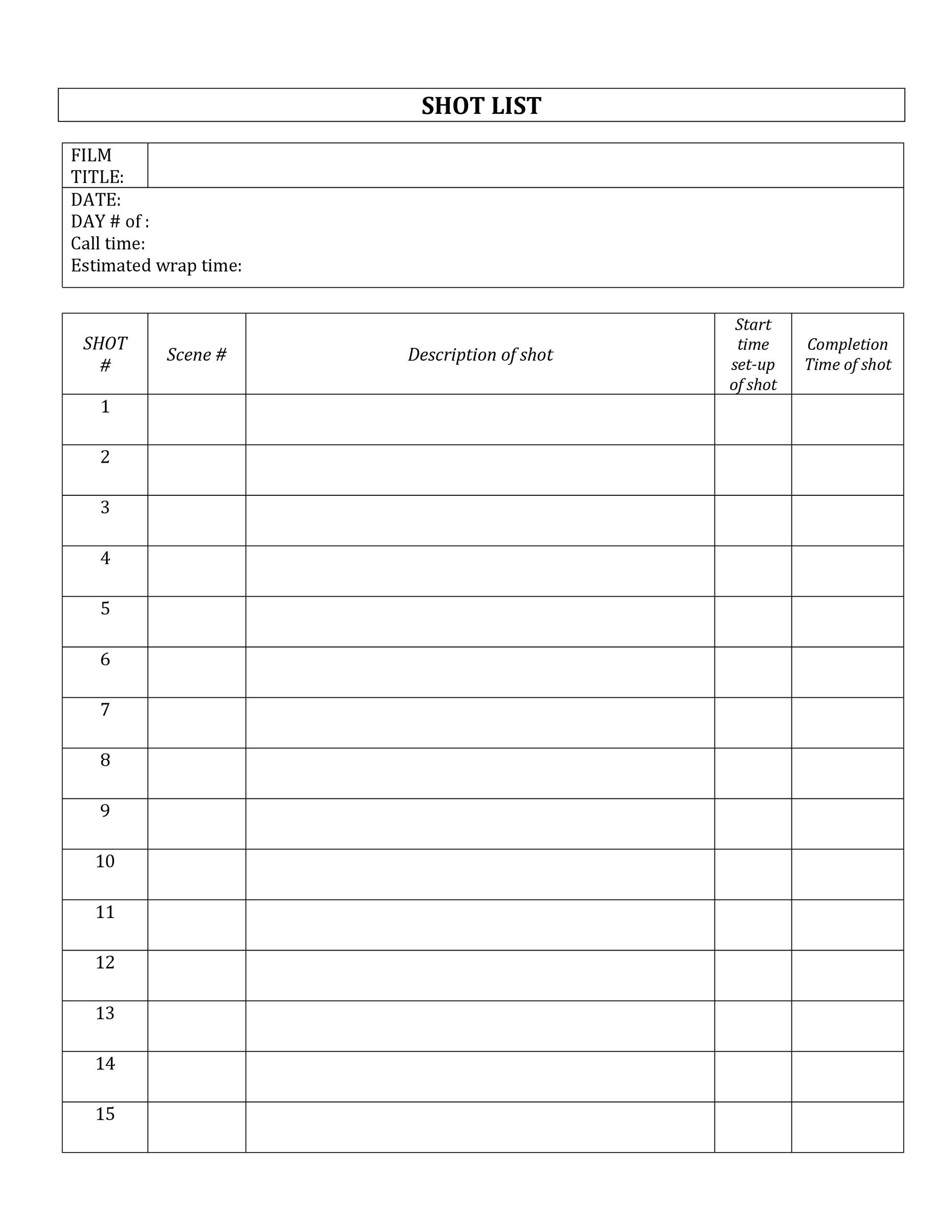 50 Handy Shot List Templates Film amp Photography TemplateLab