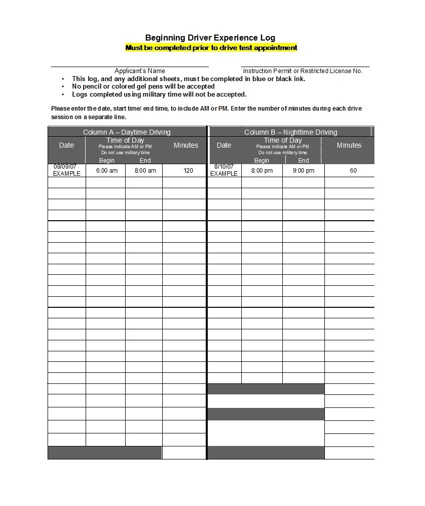 Blank Driver Log Sheet Printable
