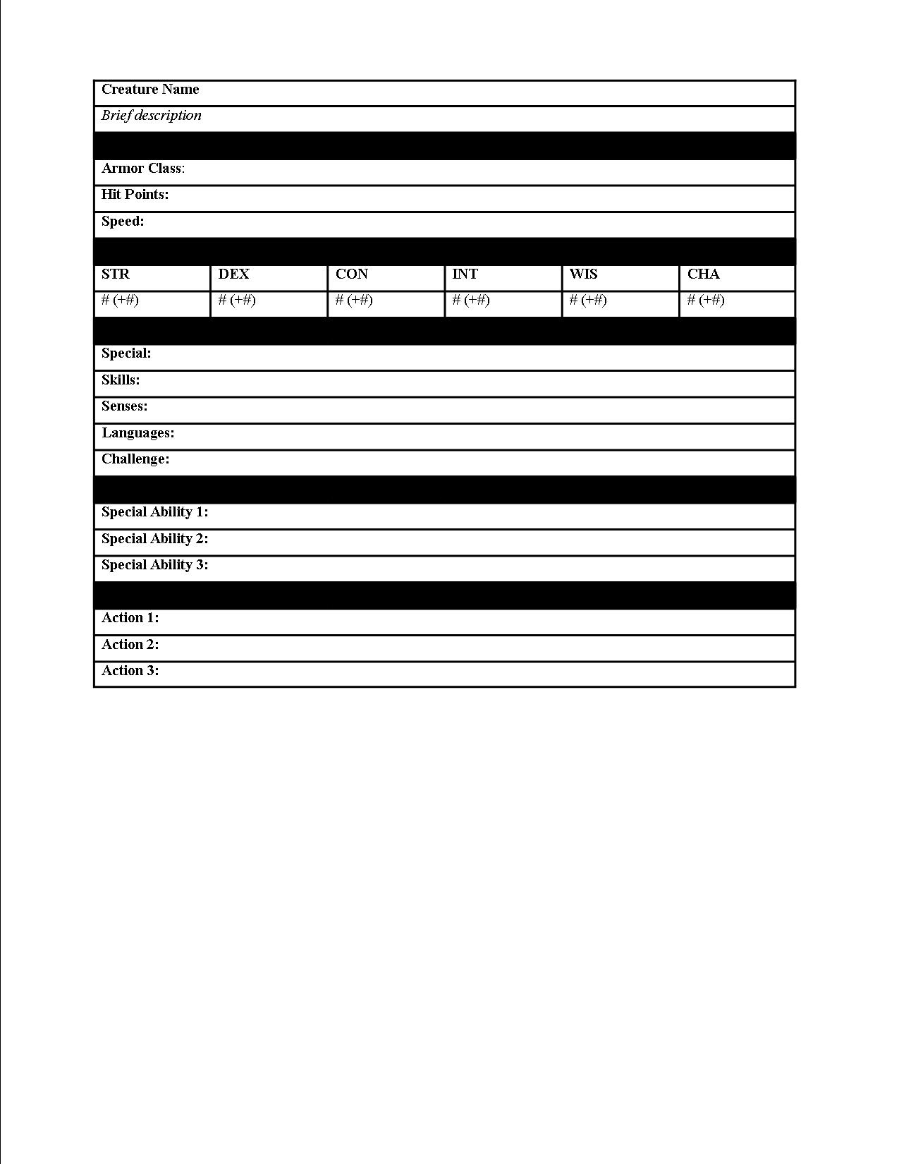 5e Monster Stat Block Template Feel Free To Steal and A Stated 