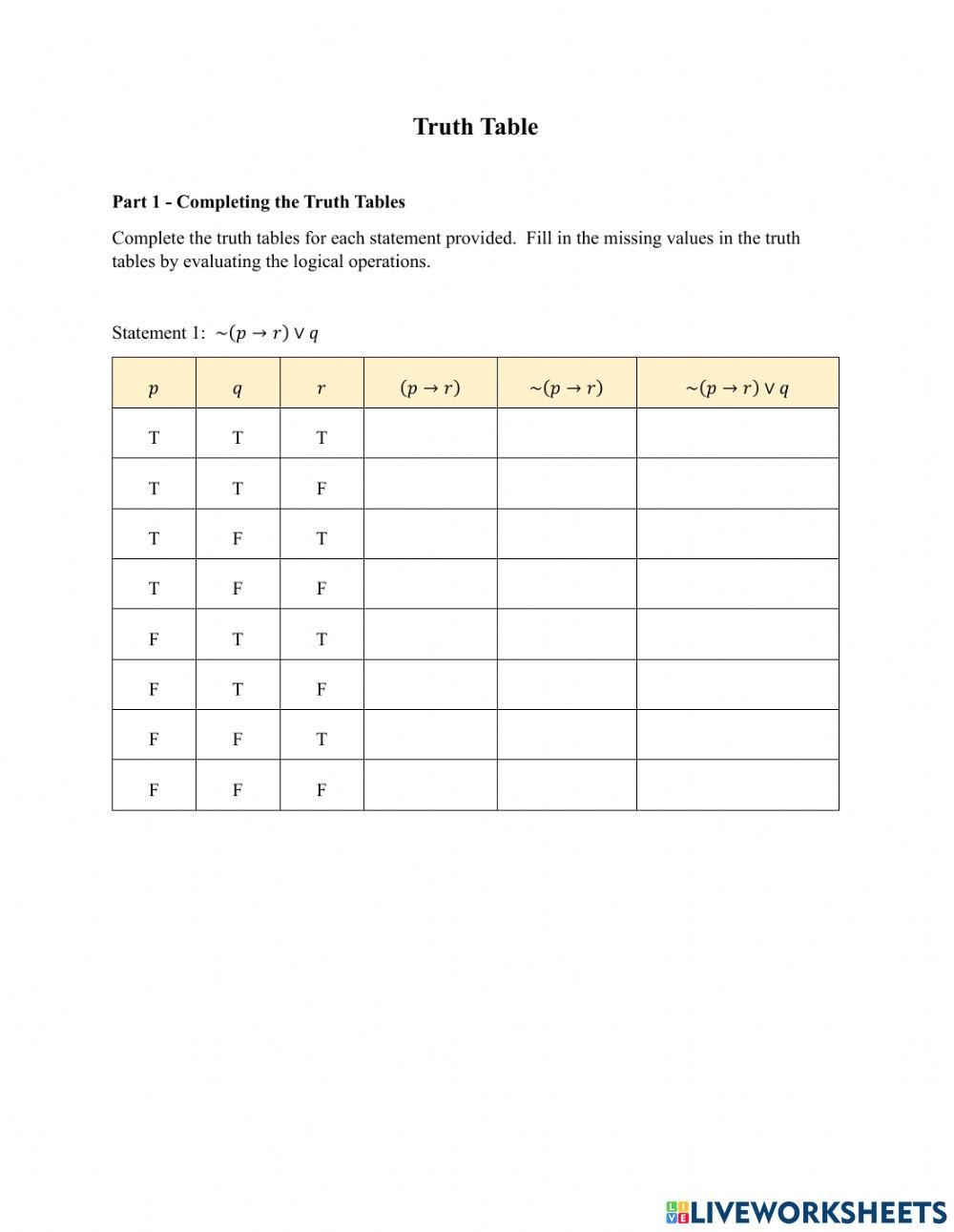 6 Truth Tables Worksheet Solutions PDF PDF Worksheets Library