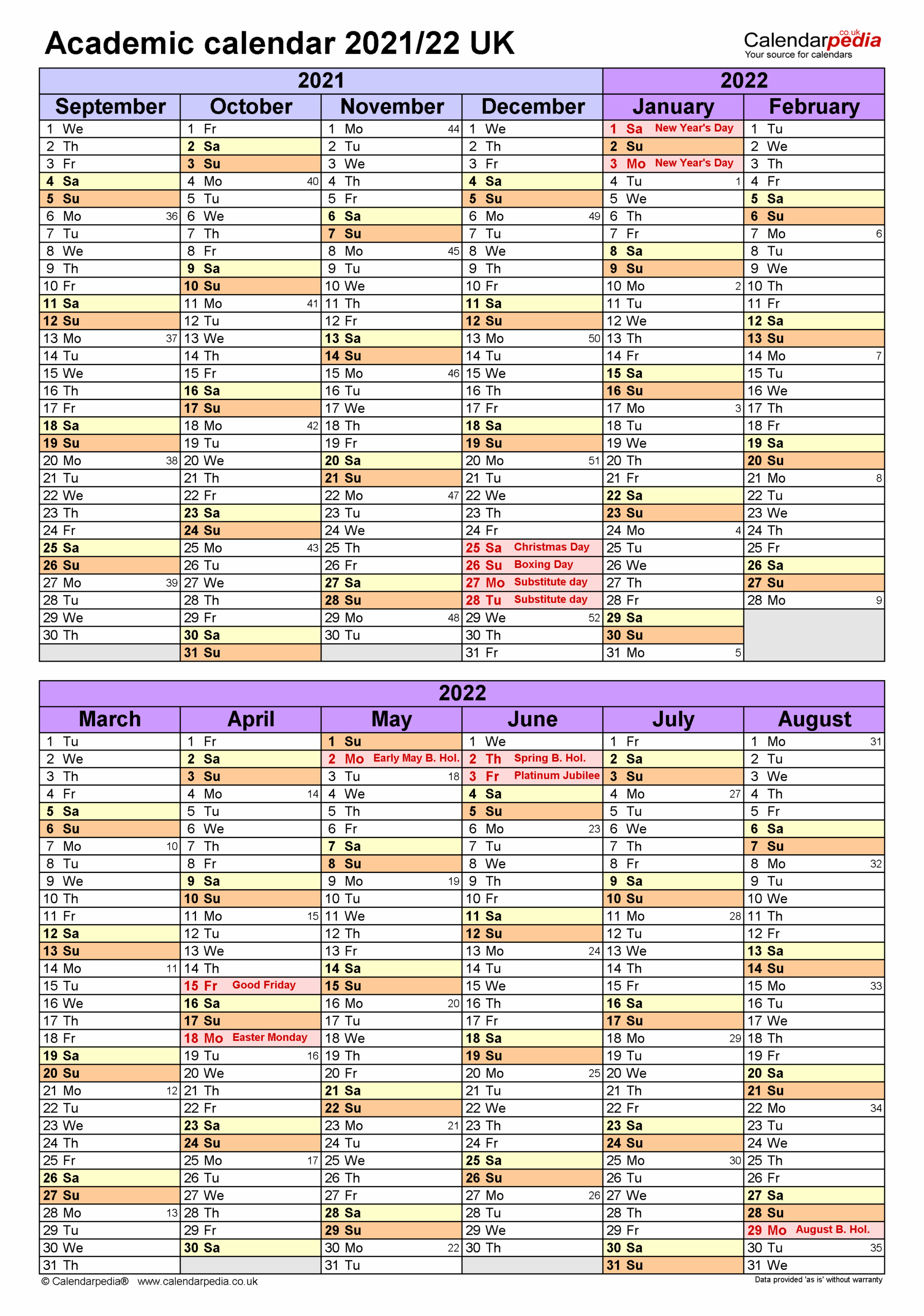 Academic Calendars 2021 22 UK Free Printable Word Templates