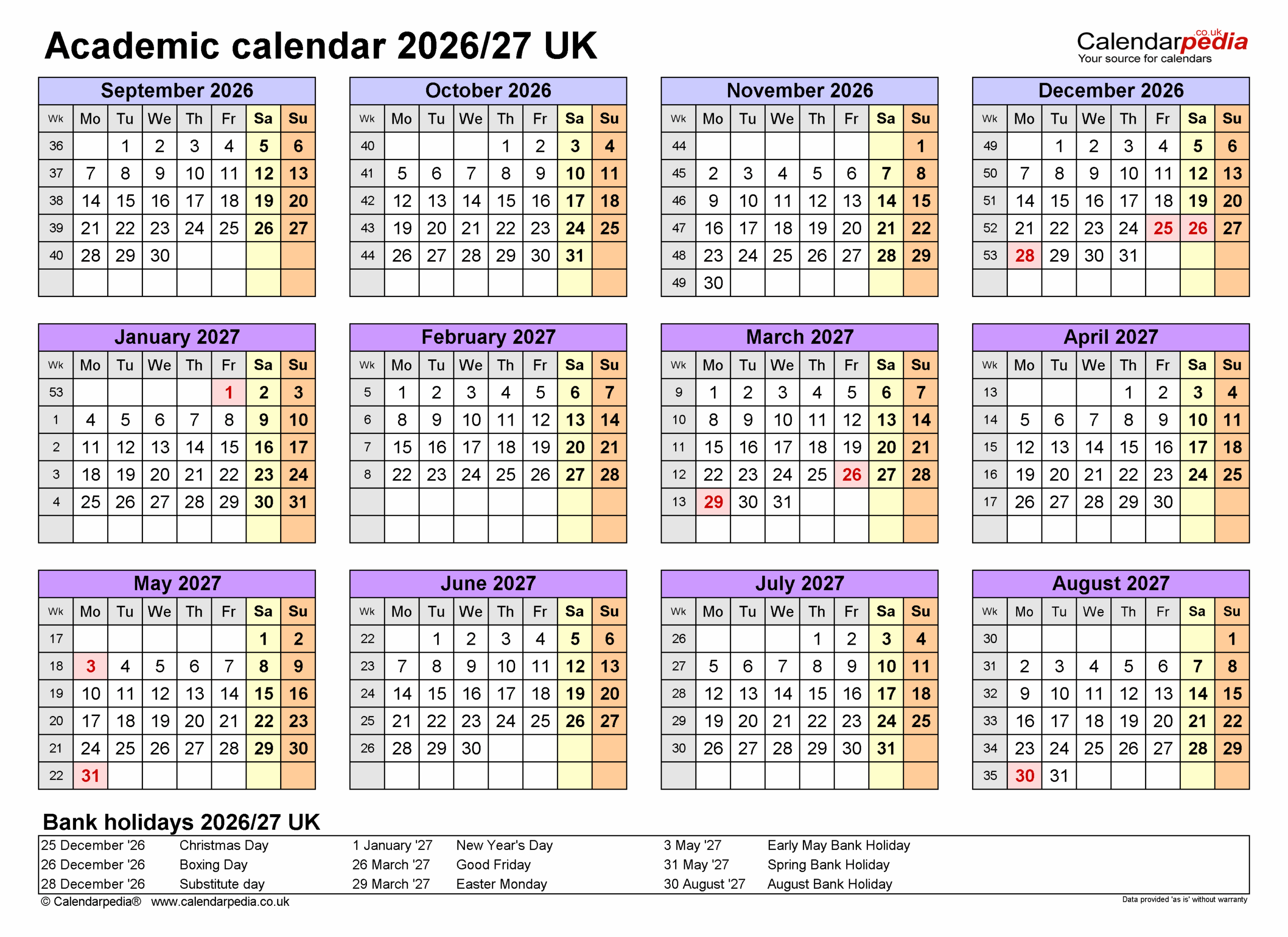 2026-27 School Calendar Printable Blank