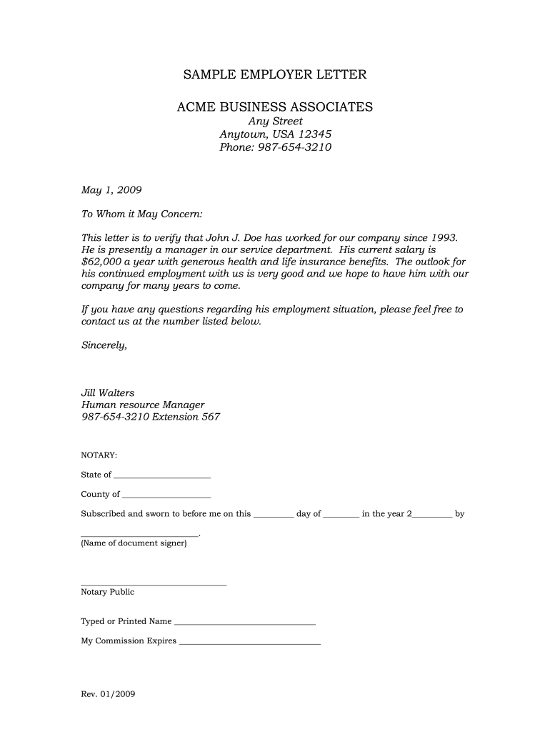 ACME Business Associates Sample Employer Letter Form Fill Online 