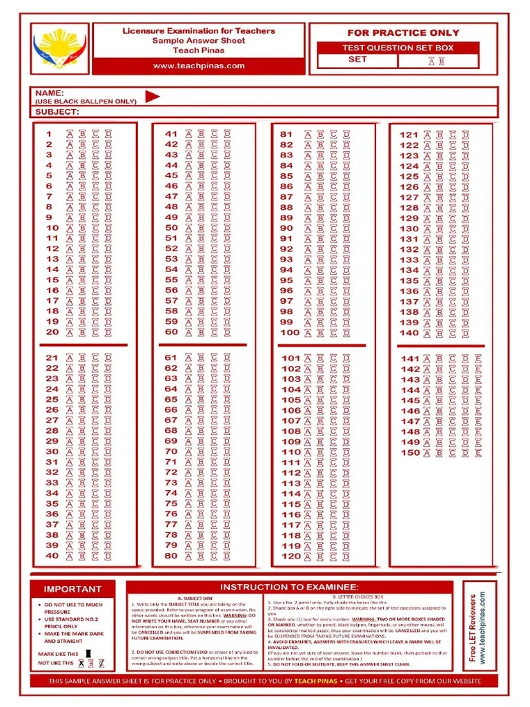 Printable Blank Answer Sheet 1-150