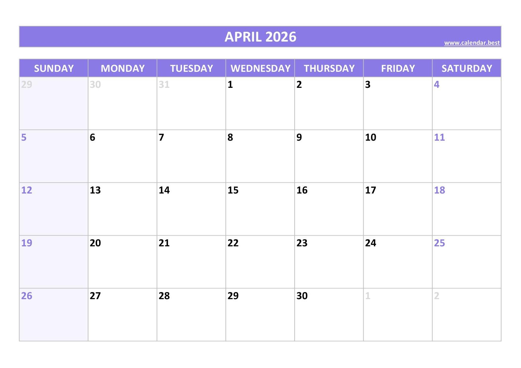 Blank April 2026 Printable Calendar
