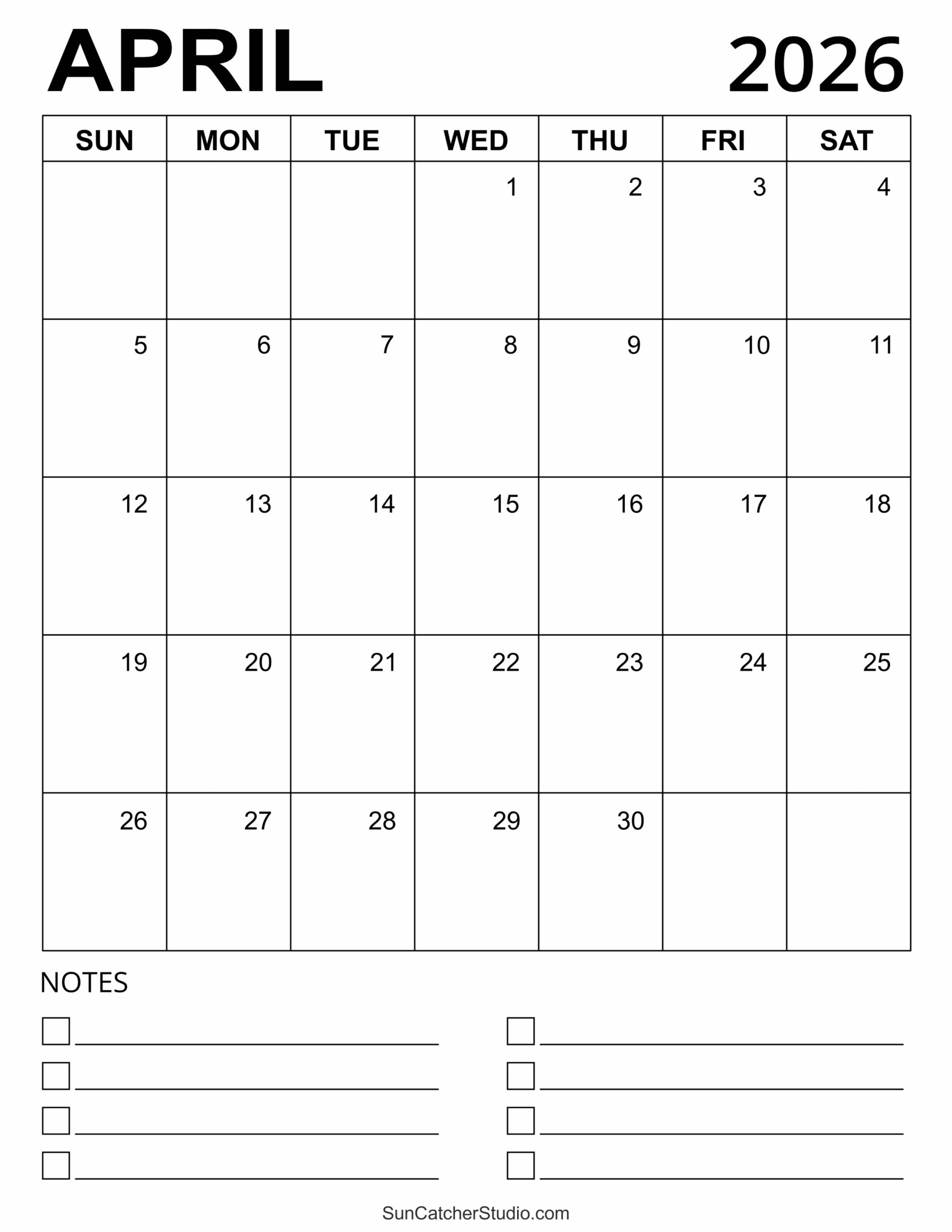 Blank Calendar 2026 Printable April