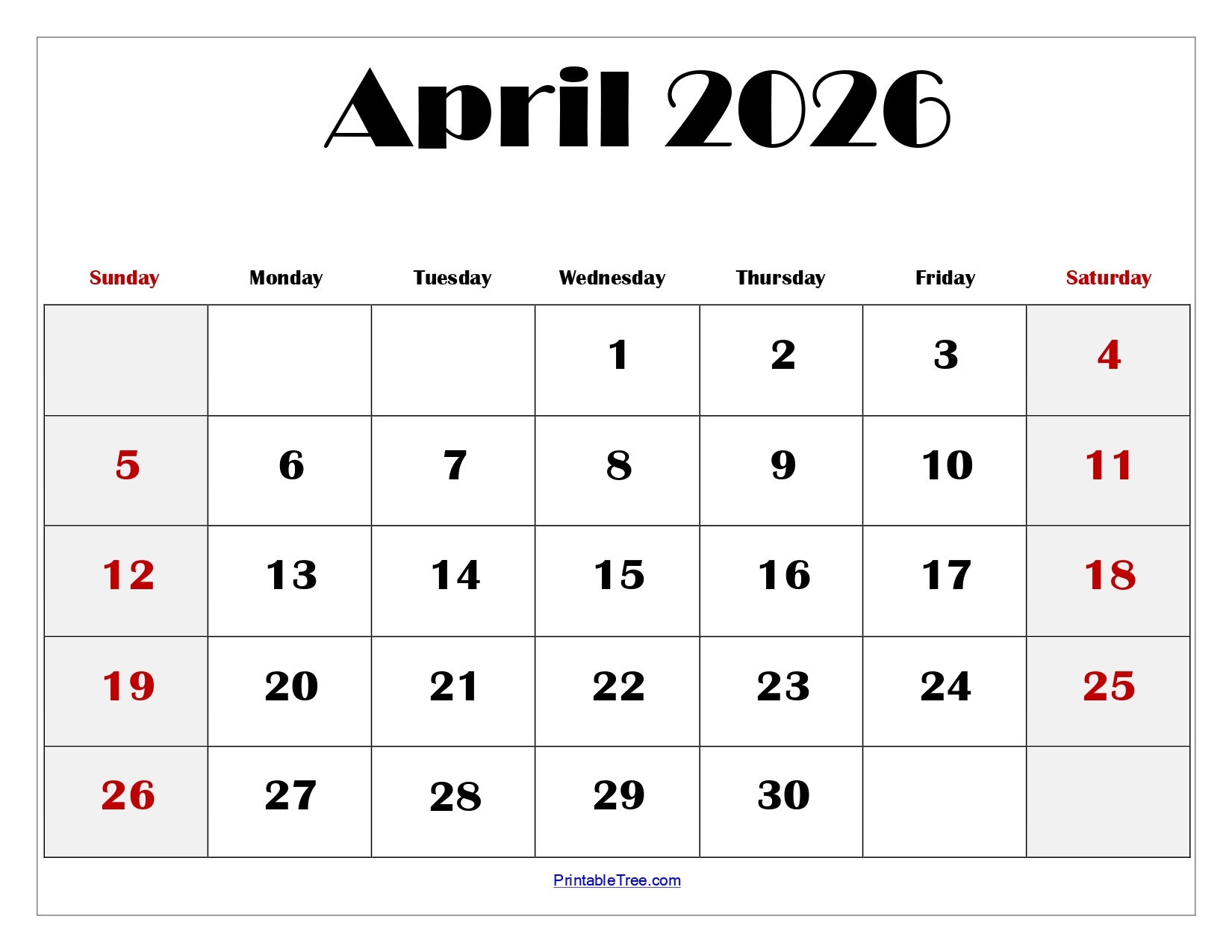 Blank Printable Calendars April 2026
