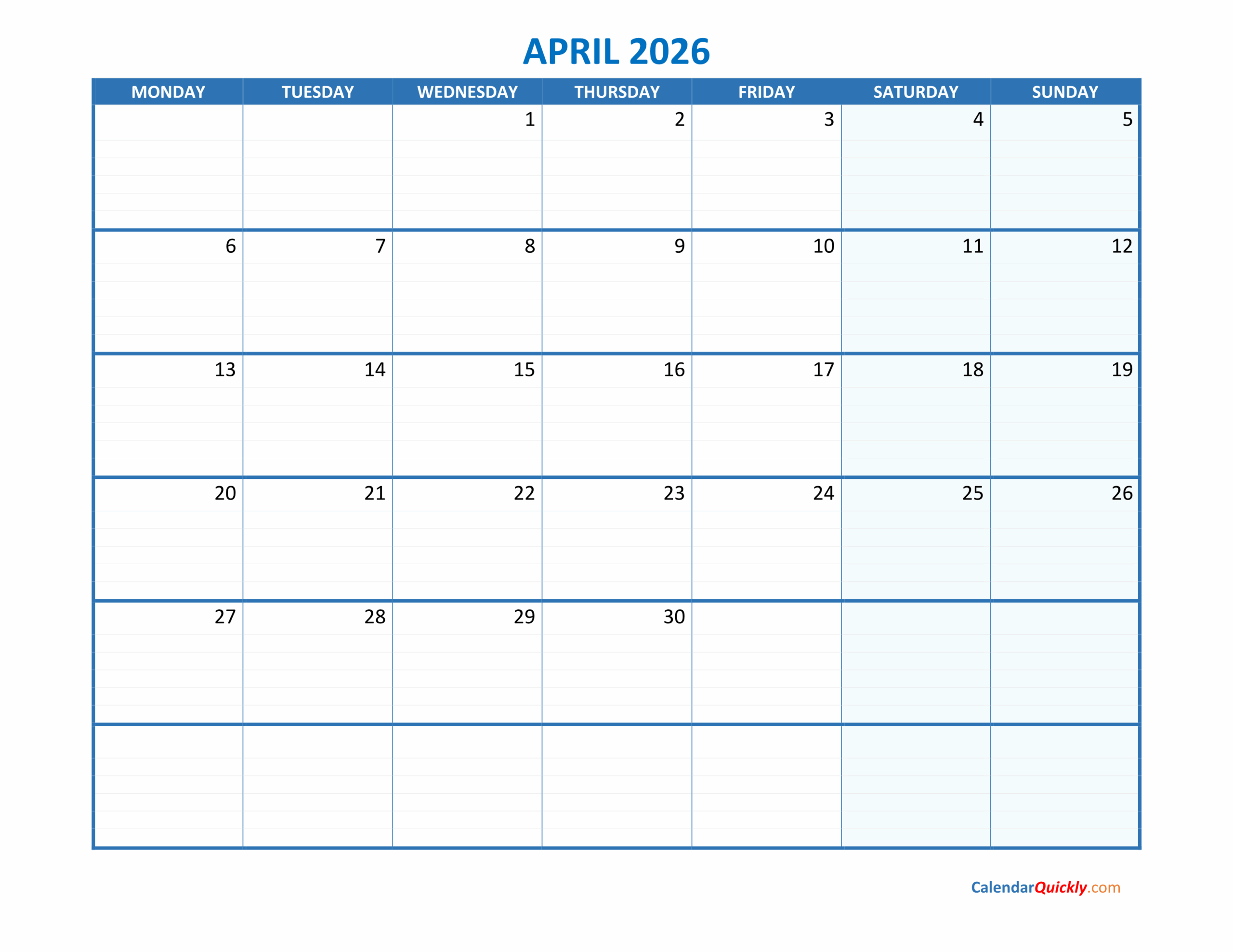 Blank Printable Calendar 2026 April