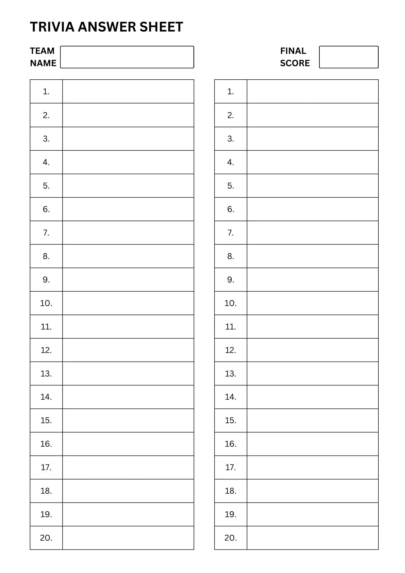 Blank Quiz Answer Sheet Printable