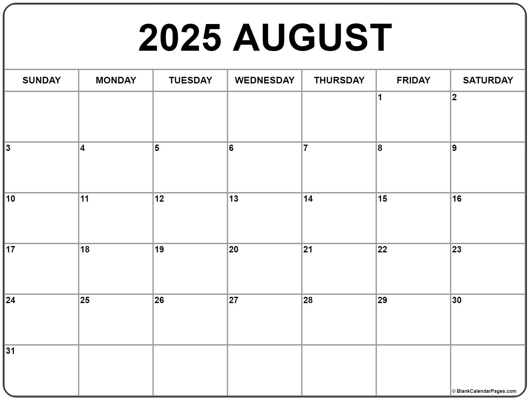 Printable Blank Calendar Page August