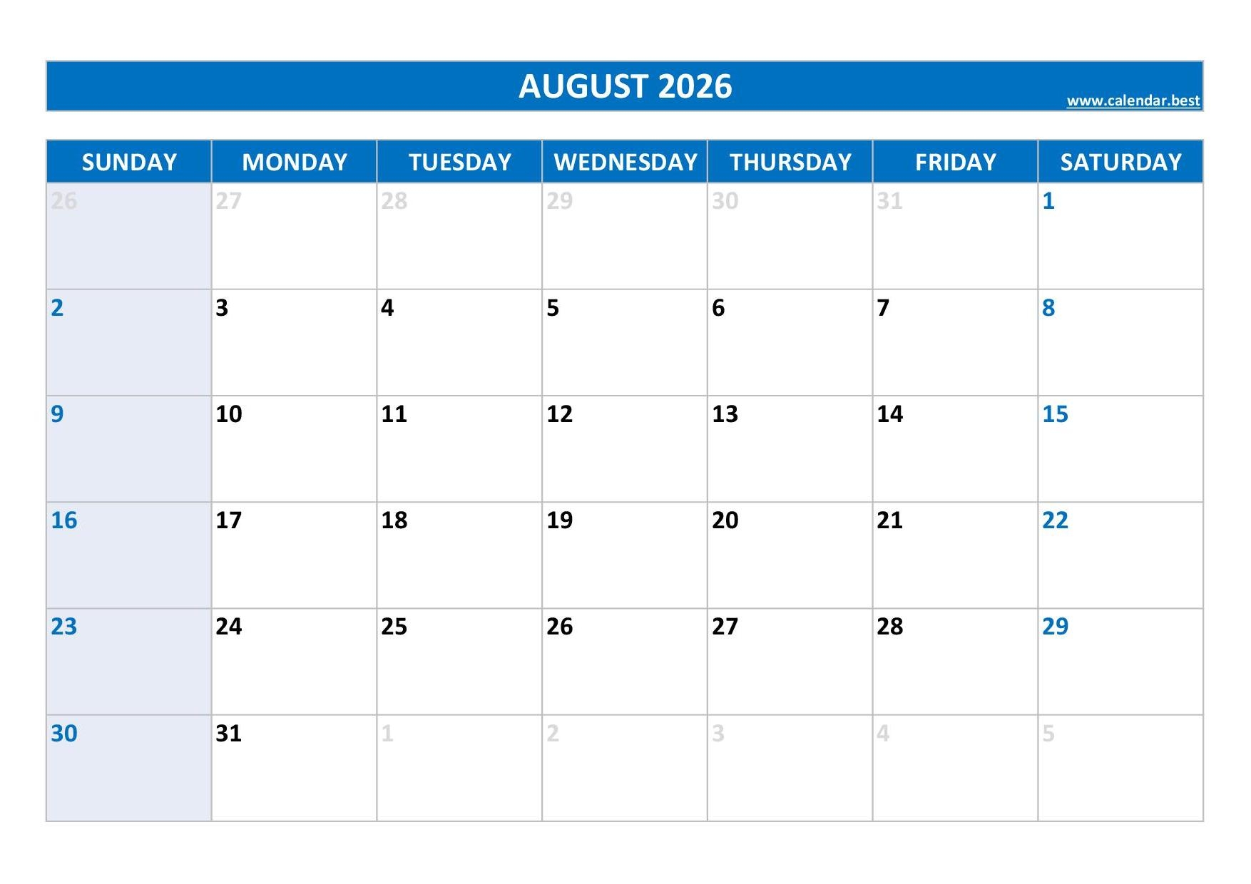Blank August Calendar 2026 Printable