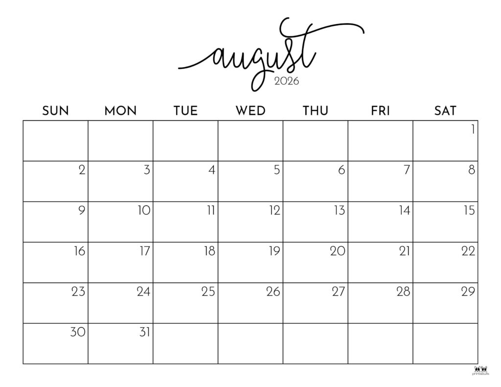 August Printable Blank Calendar 2026