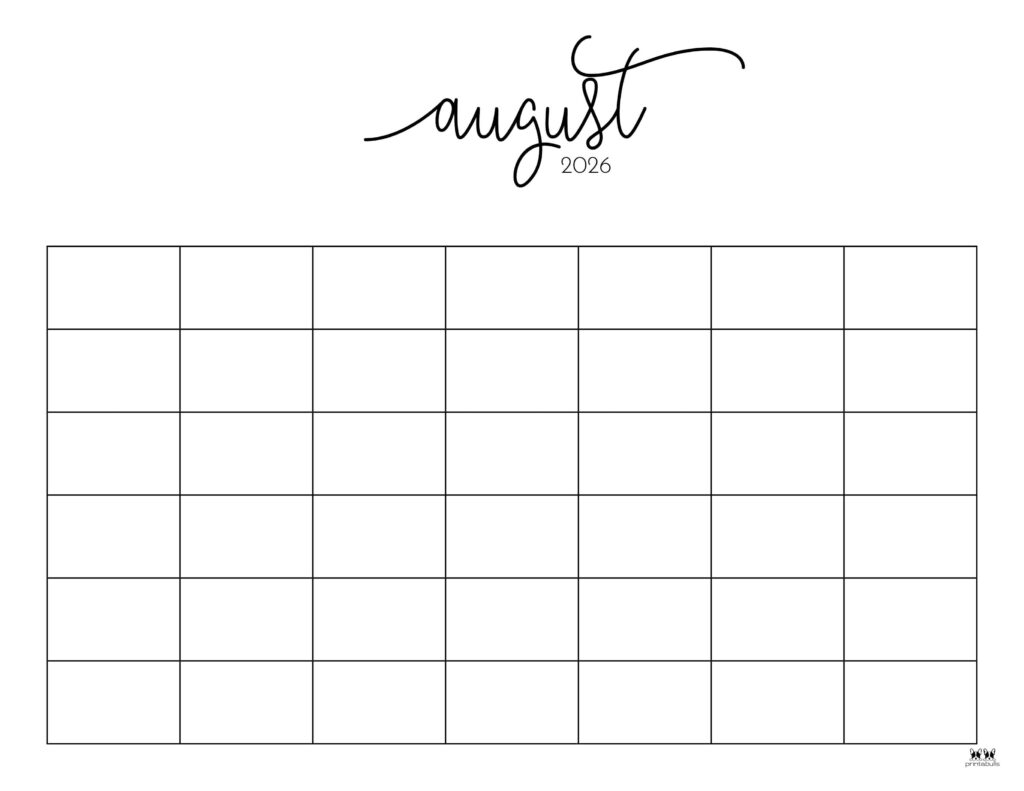 Printable August Blank Calendar 2026