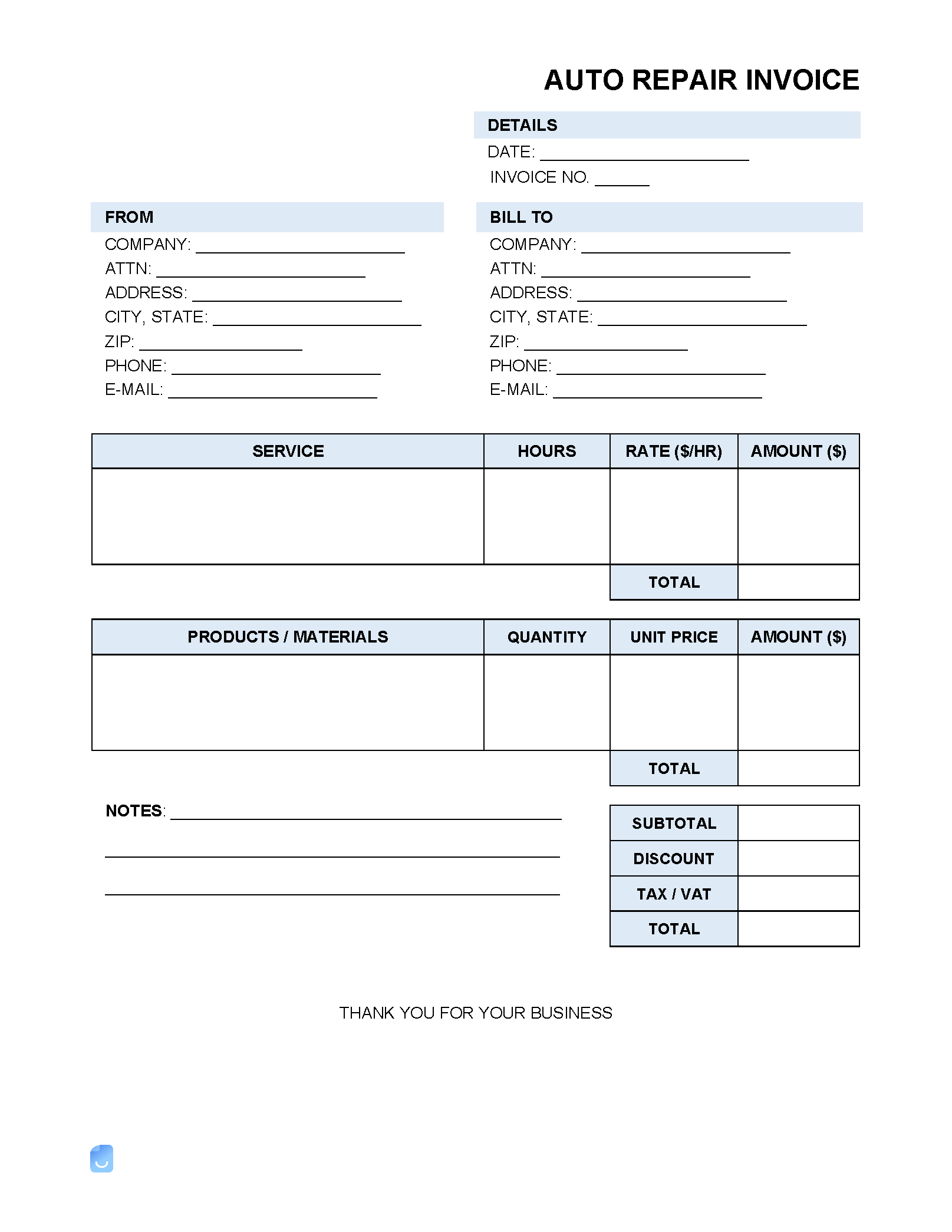 Printable Blank Auto Repair Invoice