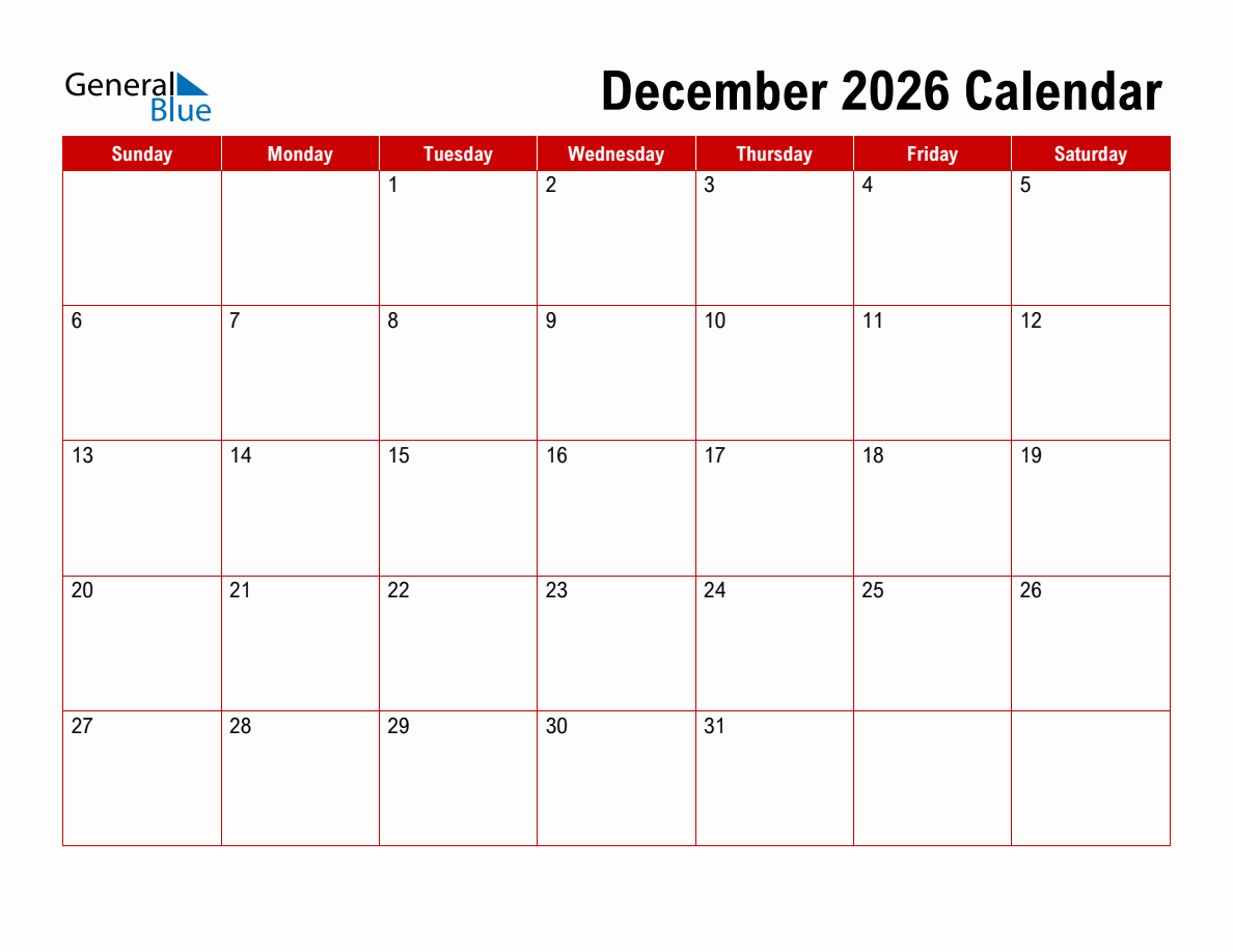 Blank Printable December Calendar 2026