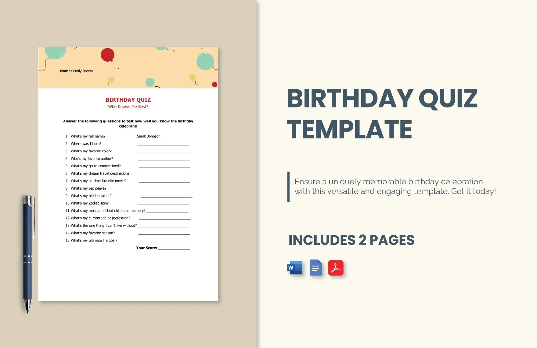 Birthday Quiz Template In Google Docs Word PDF Download 