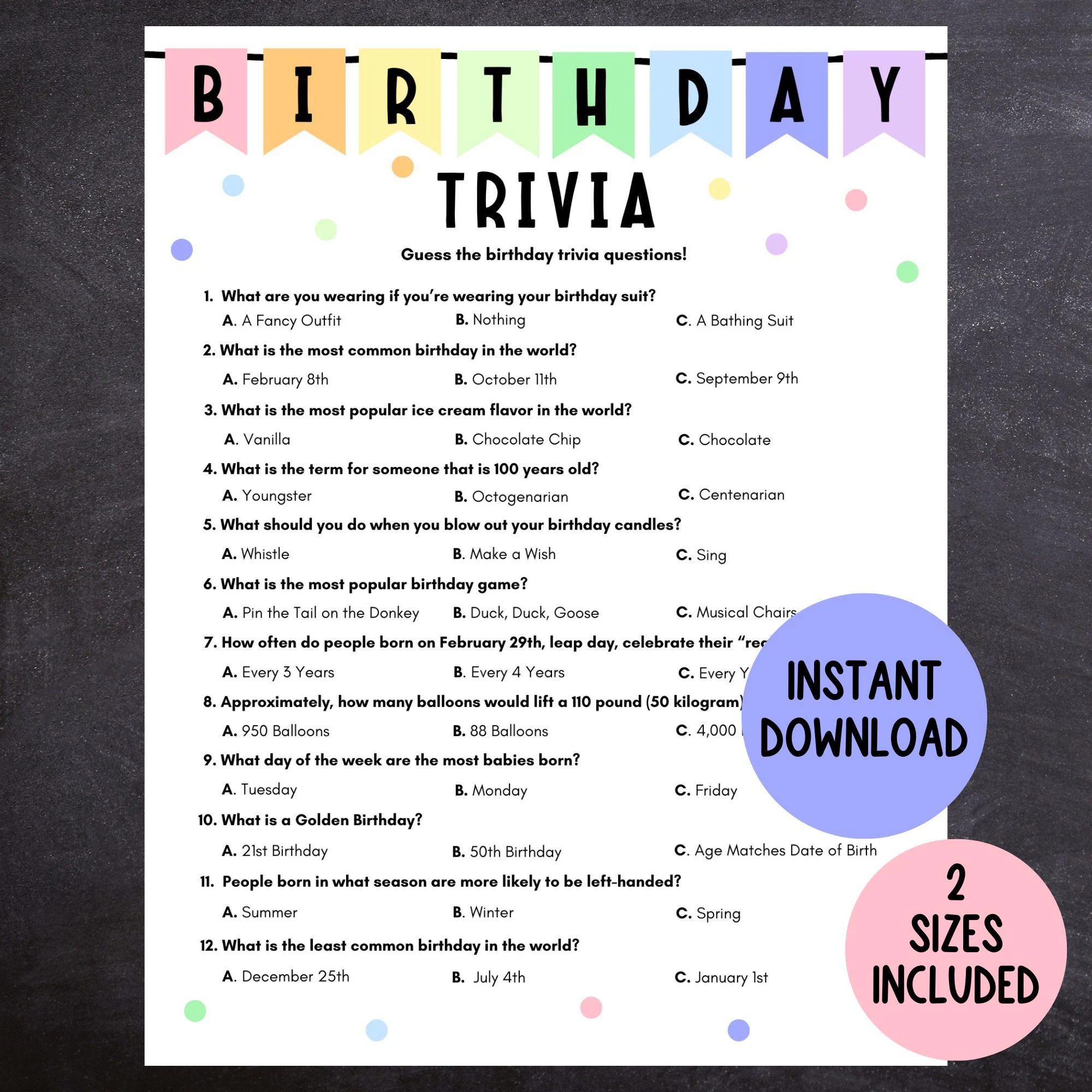 Birthday Trivia Game Printable Pastel Birthday Game Easy Birthday Game For Kids And Adults Trivia Game
