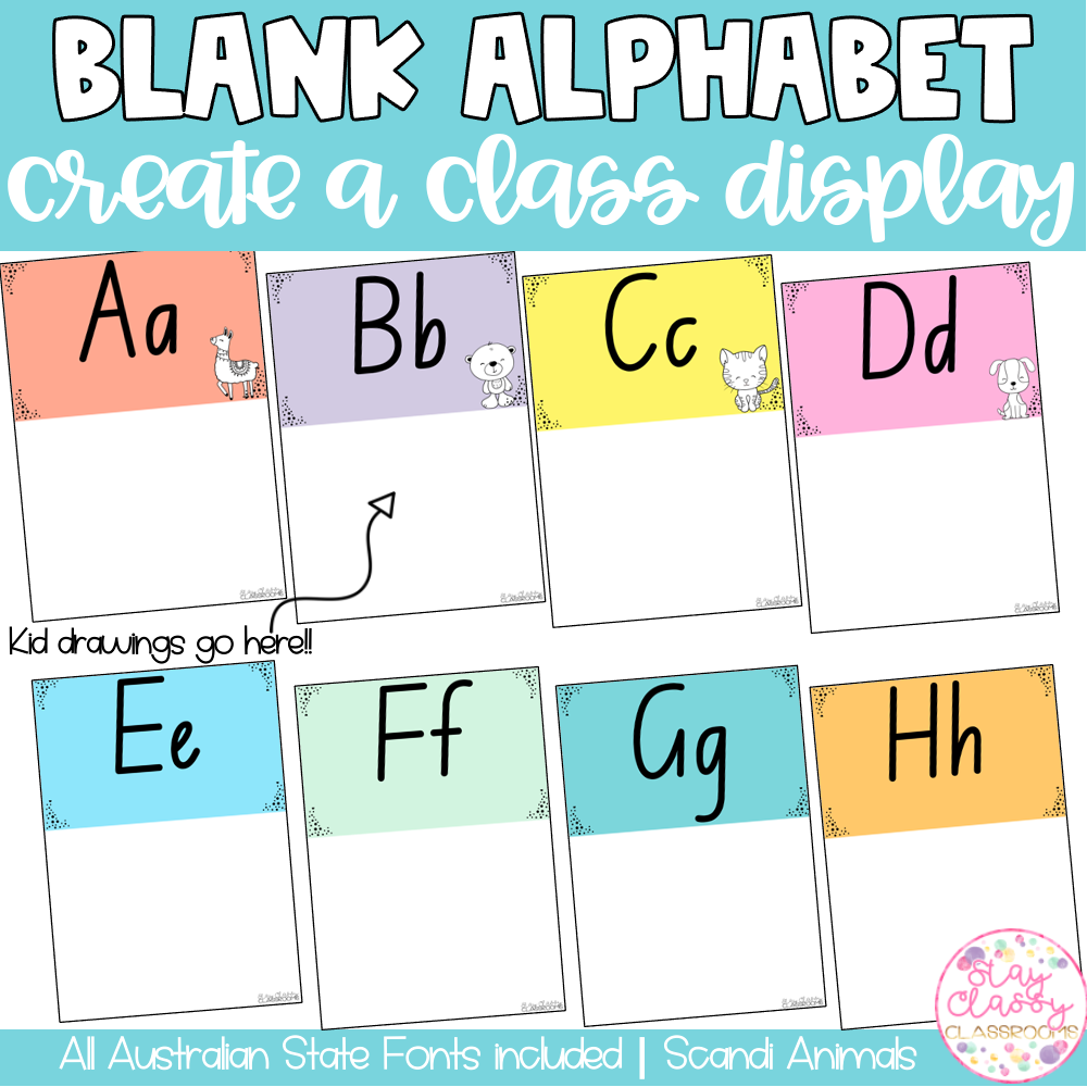 Blank Alphabet Posters Pastel SCANDI ANIMALS All Australian State Fonts