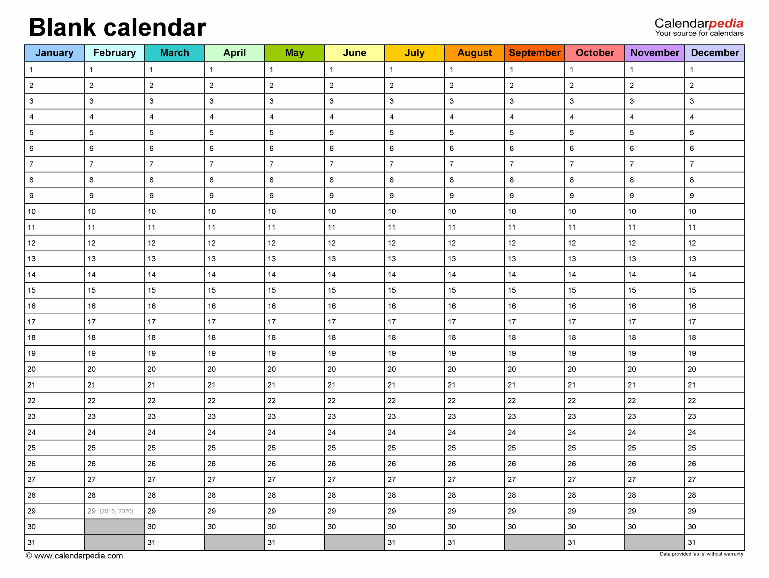 Blank Yearly Calendars Printable